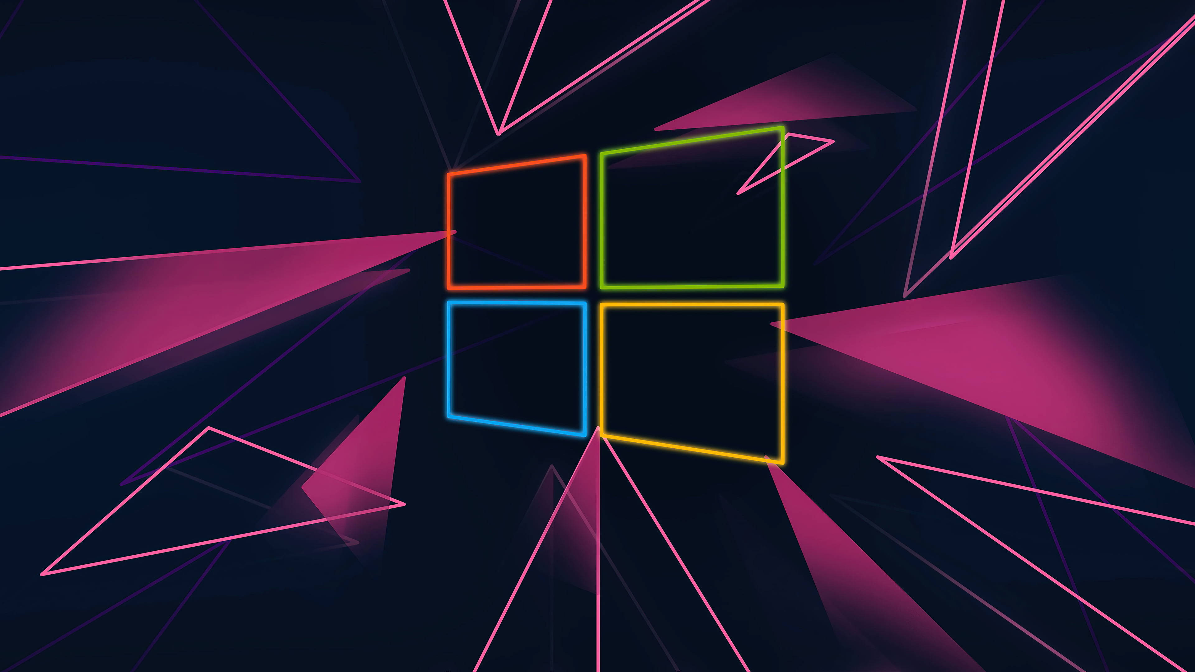Windows 11 logo, neon geometric shapes, glowing Windows logo, 4K Desktop Wallpaper