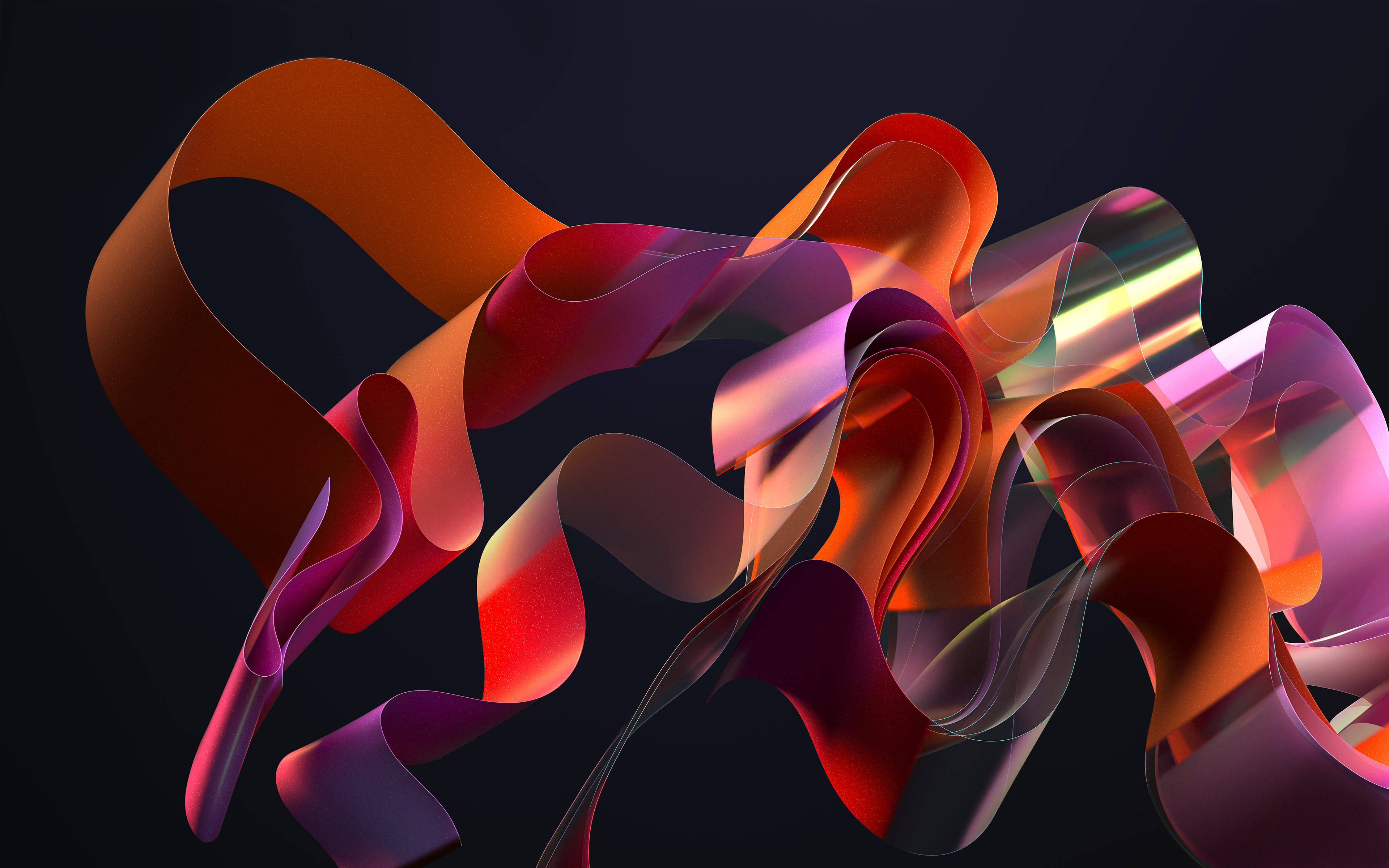 Windows 11, translucent ribbons, fiery reds, 4K Desktop Wallpaper