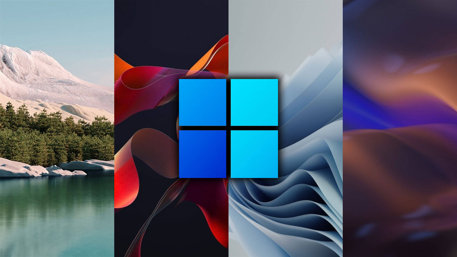 Windows 11, snowy mountain lake, abstract colorful waves, Full HD Desktop Wallpaper