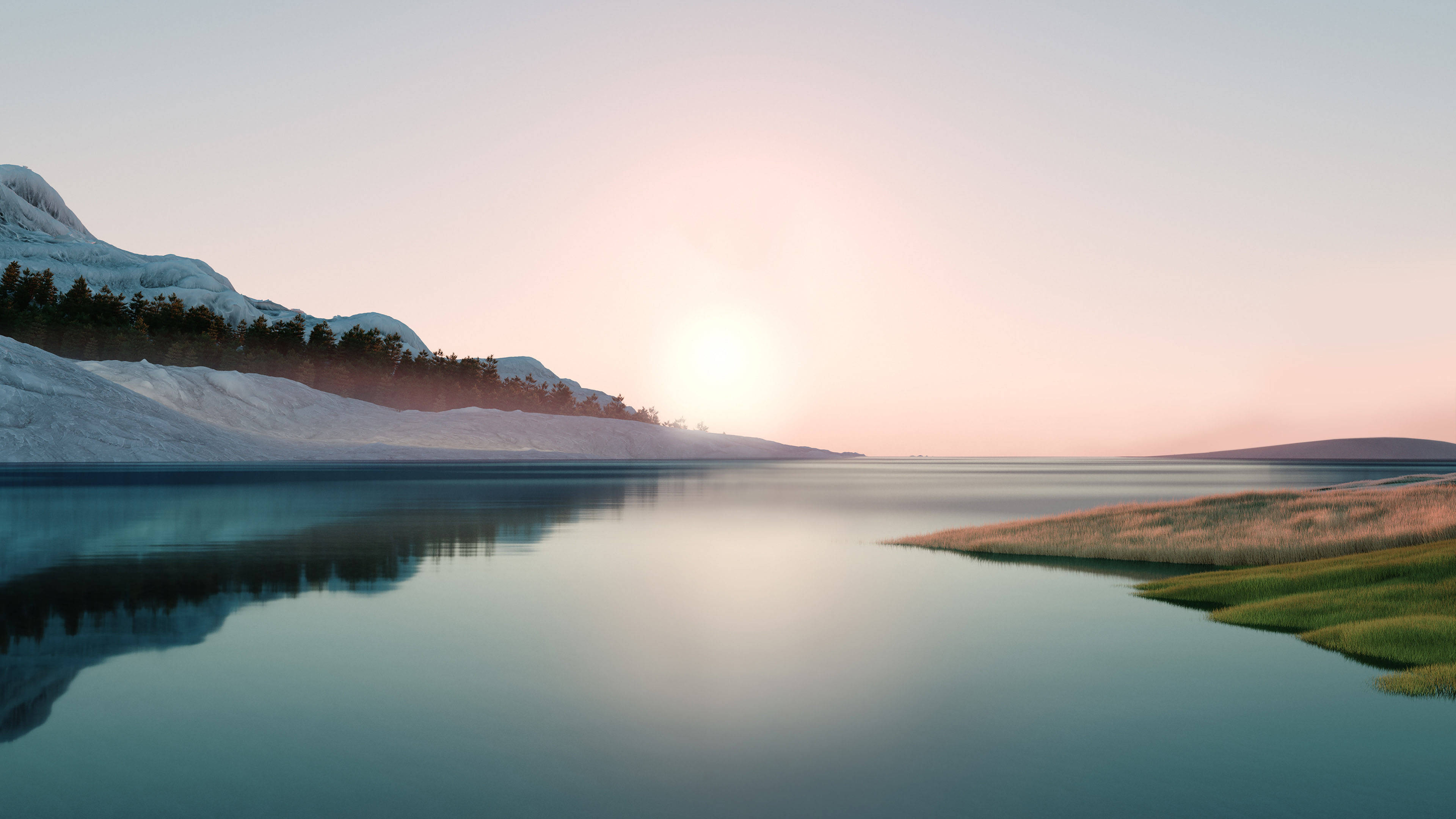 Windows 11, sunrise, winter lake, 4K Desktop Wallpaper