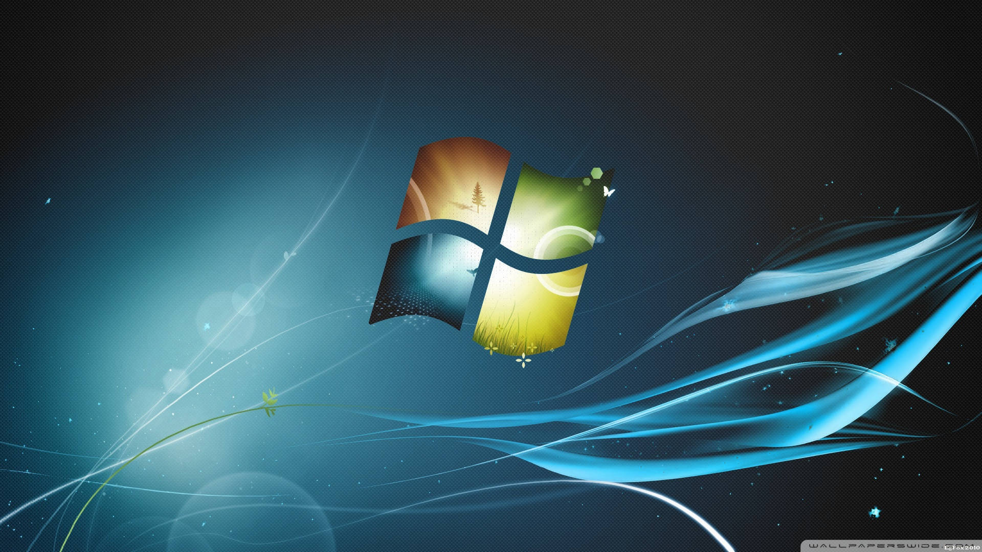 Windows 7, dark gradient background, glowing blue energy waves, Full HD Desktop Wallpaper