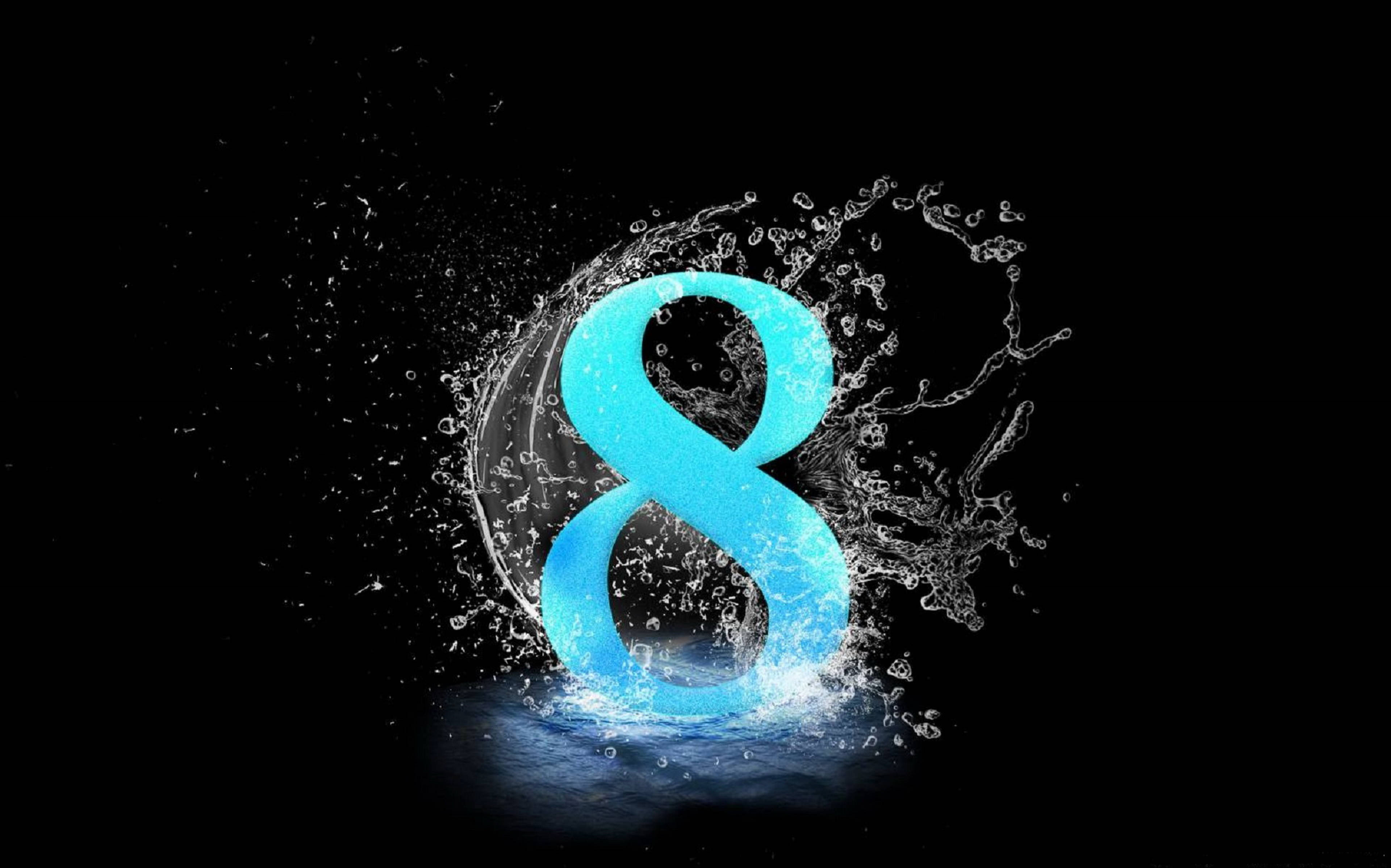 Windows 8, glowing cyan number eight, dynamic splash of water, 4K Desktop Wallpaper