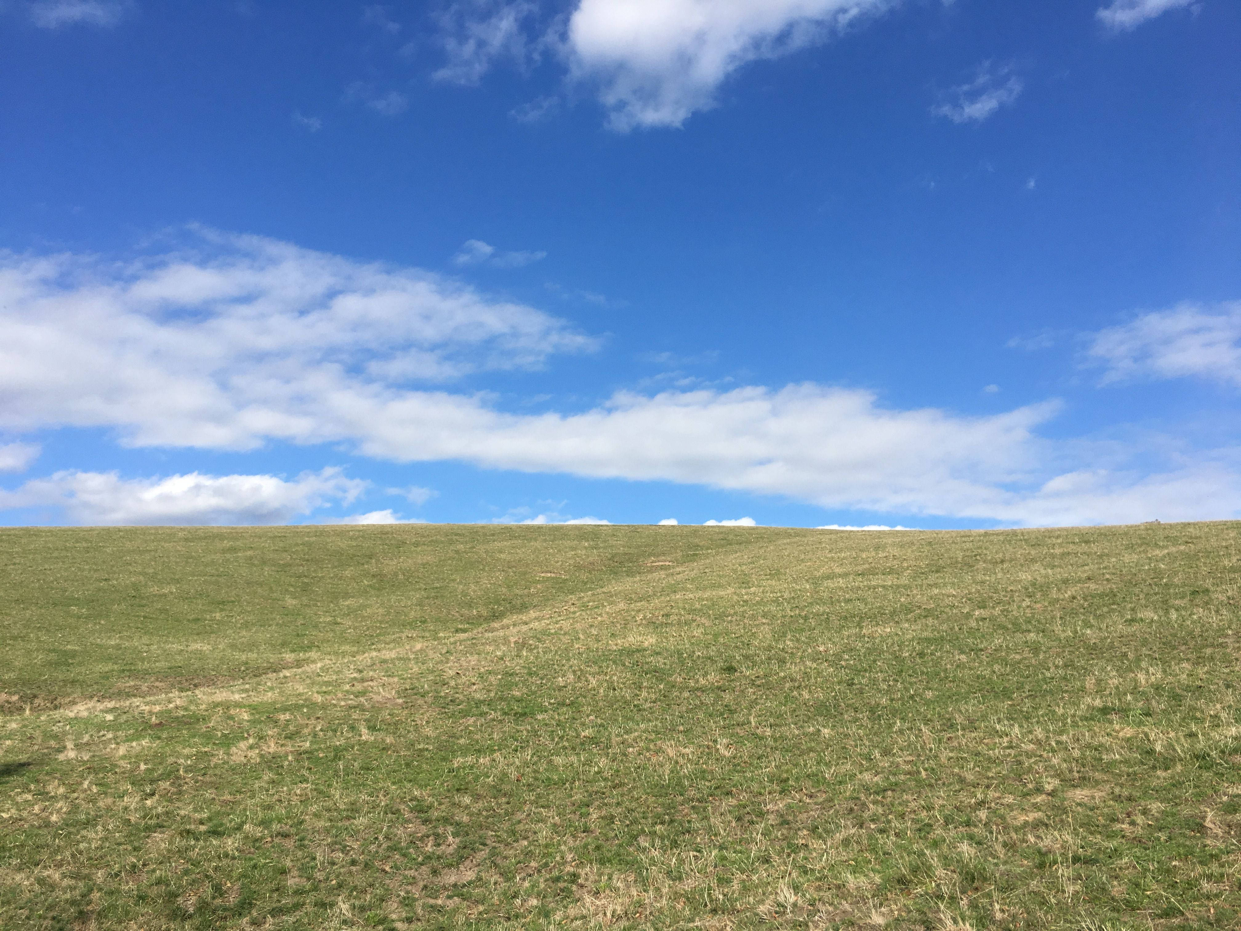 Windows 95, green grassy hill, bright blue sky, 4K Desktop Wallpaper