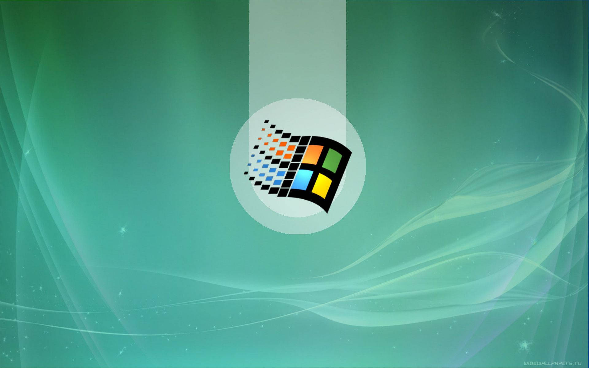 Windows 95, green graphic, teal gradient background, Full HD Desktop Wallpaper