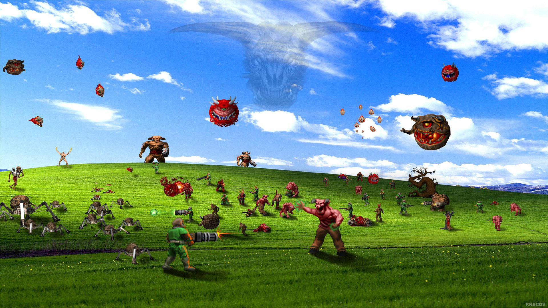 Windows 95, monster landscape, red creatures, Full HD Desktop Wallpaper
