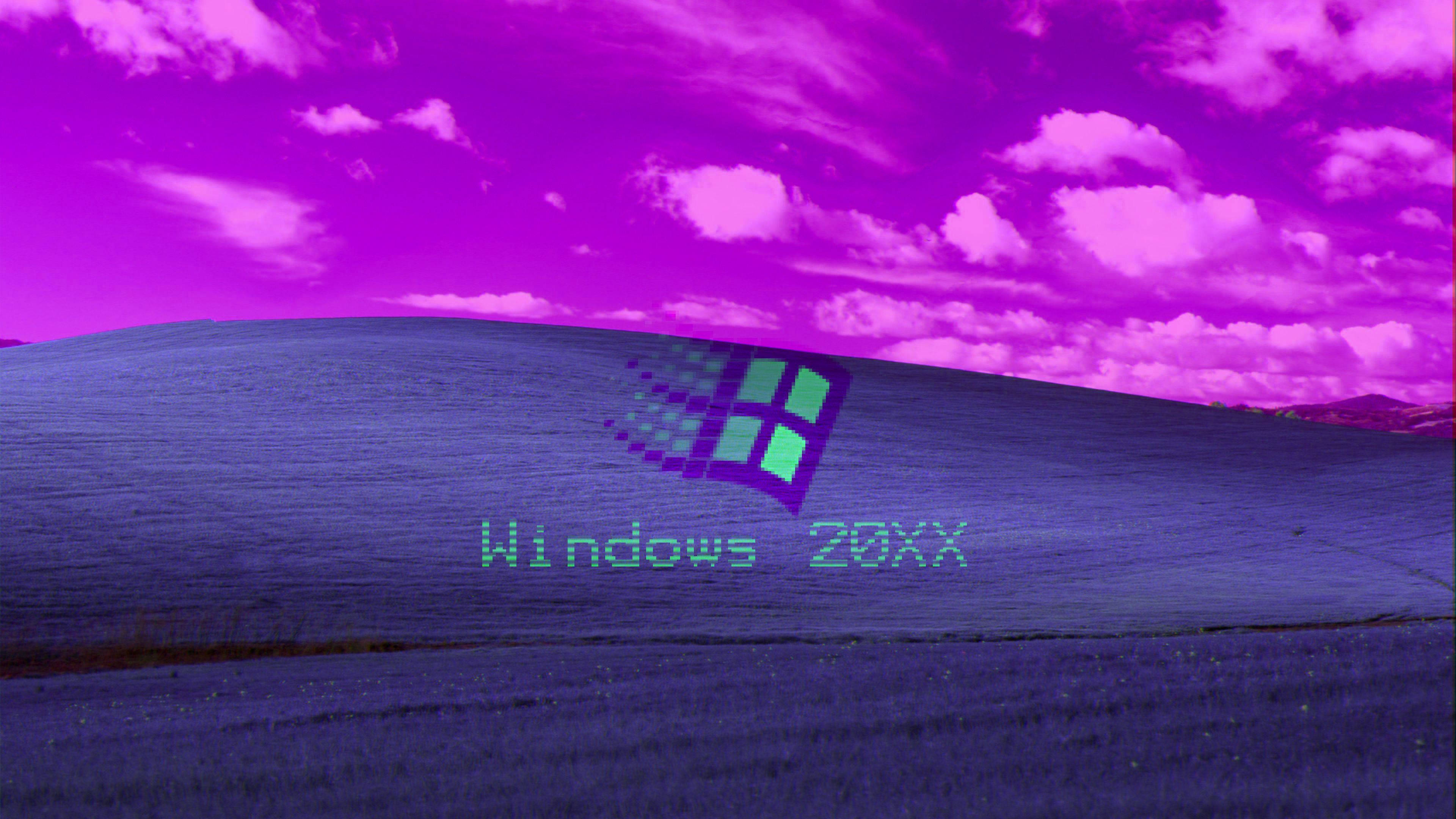 Windows 98, surreal purple landscape, vibrant magenta sky, 4K Desktop Wallpaper