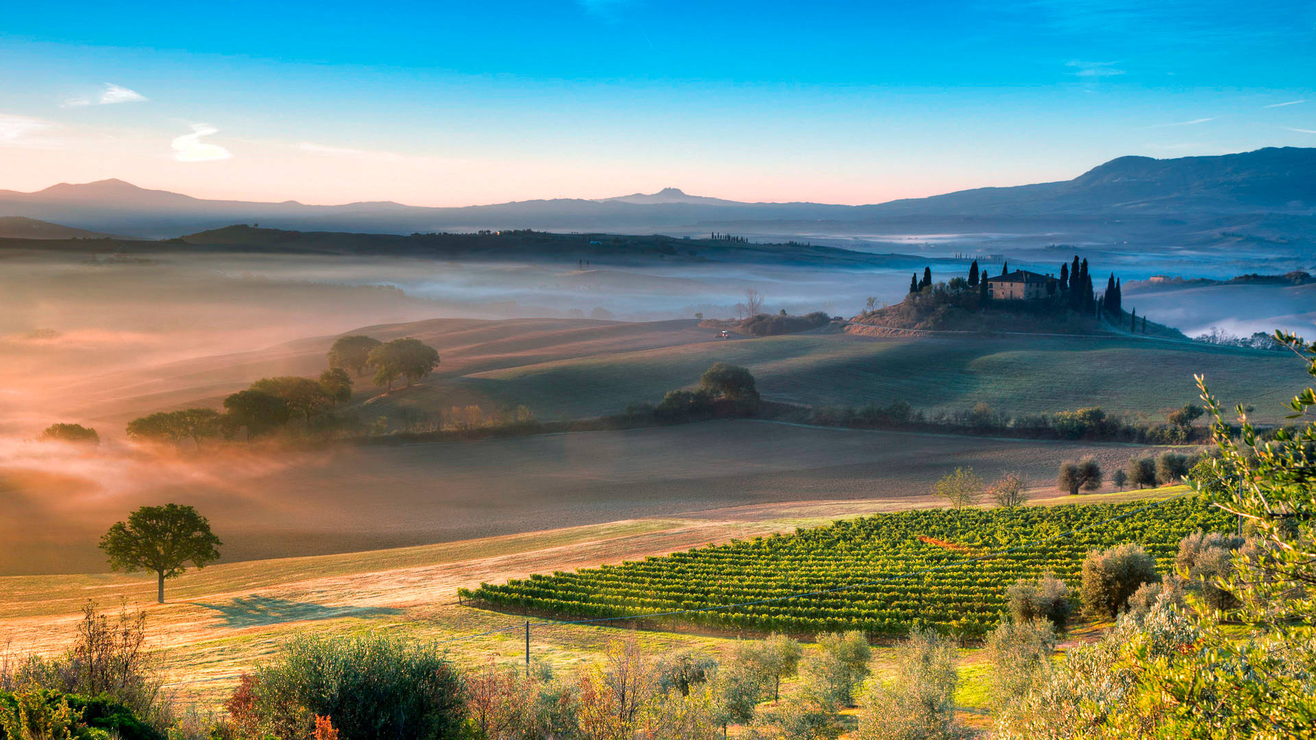 Golden sunrise, misty Tuscan valley, rolling hills, Full HD Desktop Wallpaper