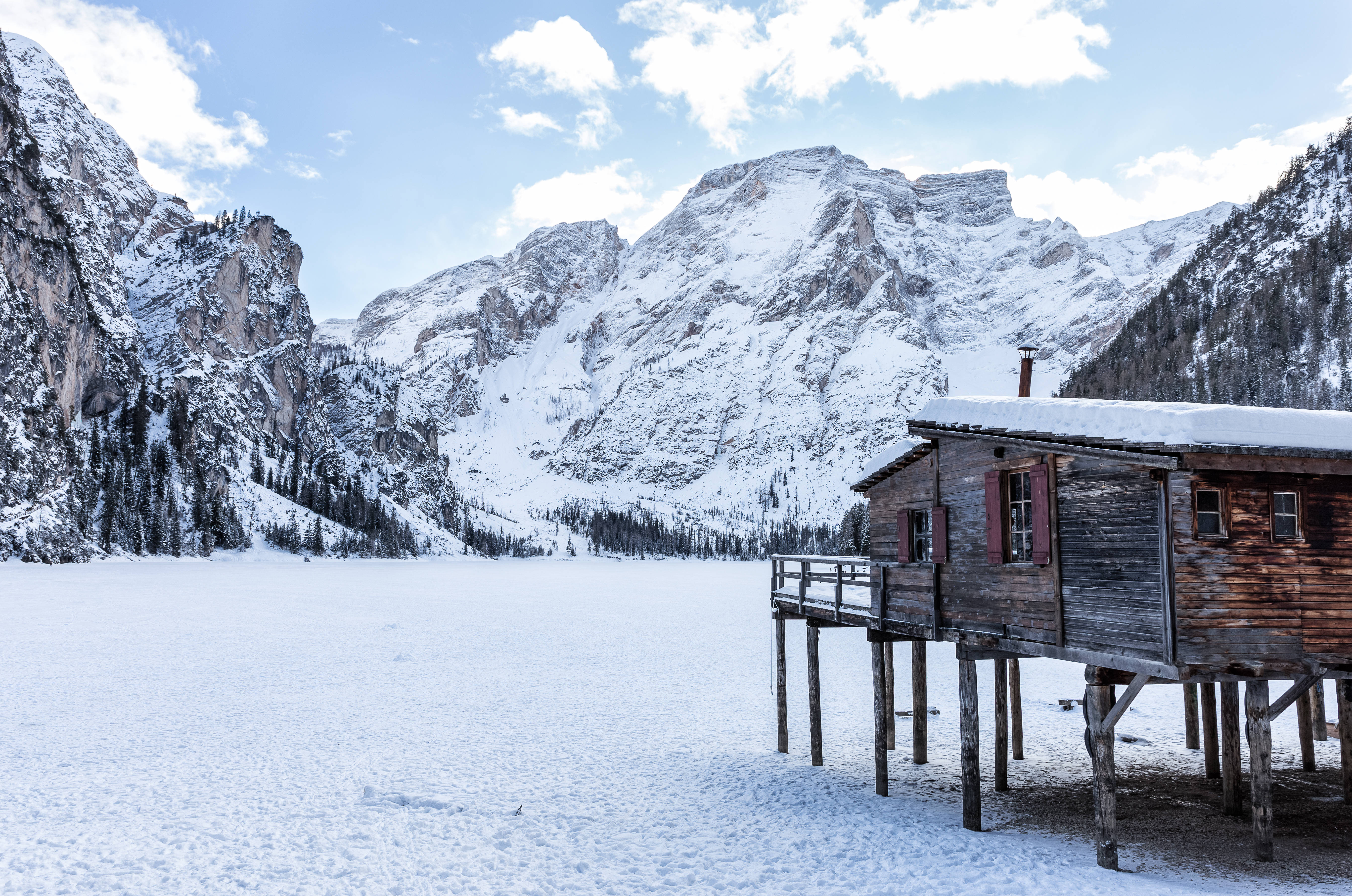 wooden cabin, frozen lake, snow-covered mountains, 5K Desktop Wallpaper