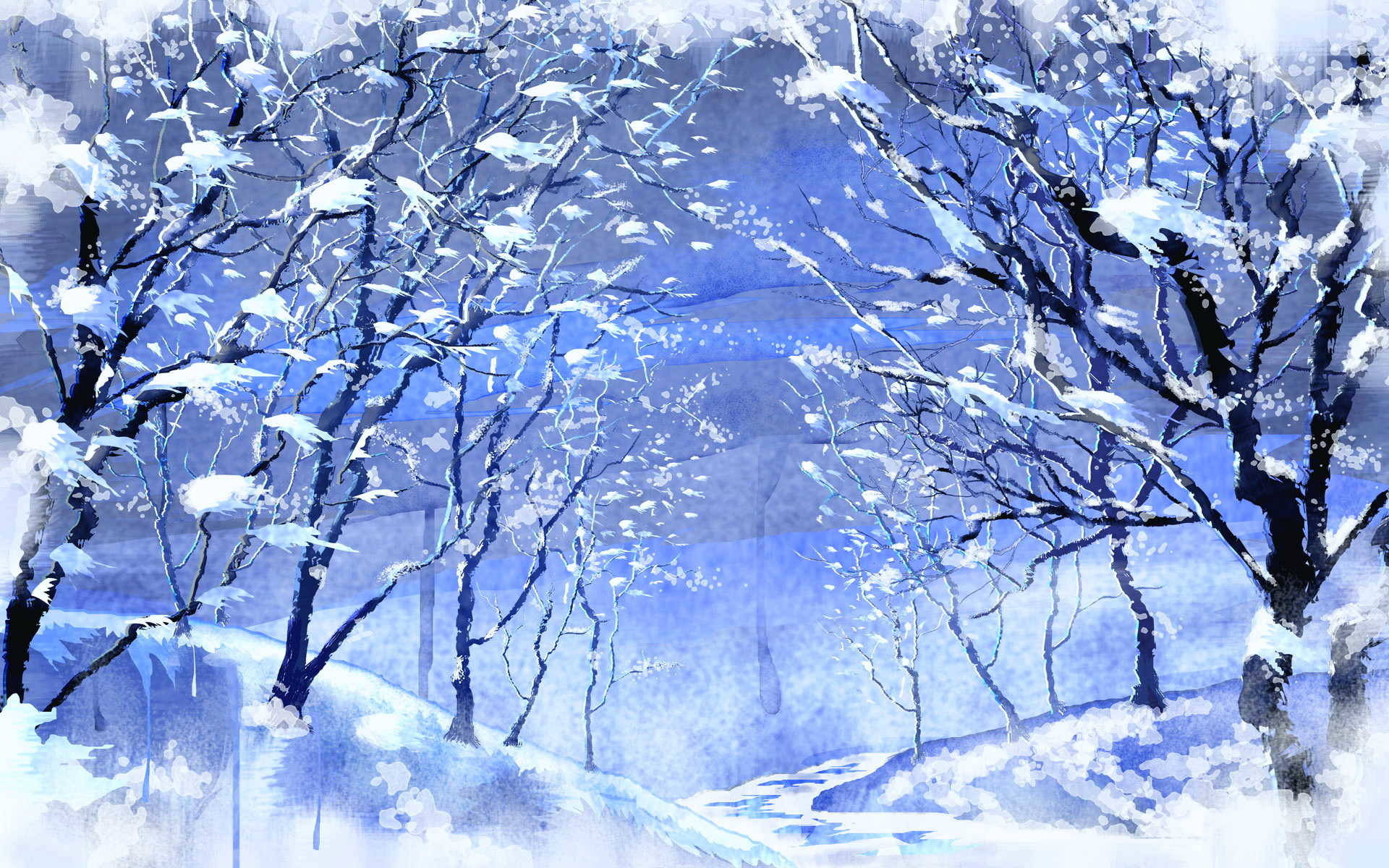 Windows Winter, snow-laden branches, bare trees, Full HD Desktop Wallpaper