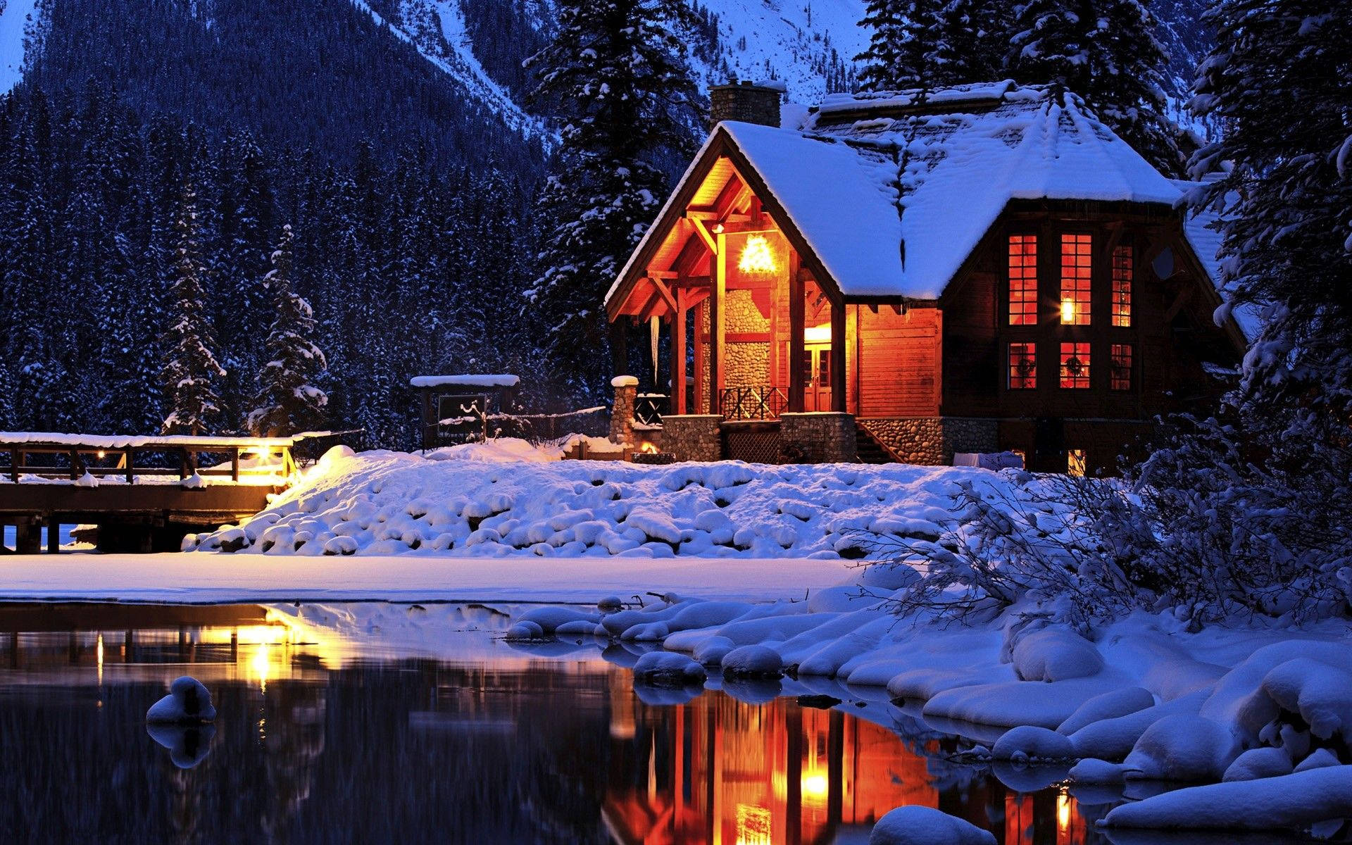 Windows Winter, cozy mountain lodge, snow-covered cabin, Full HD Desktop Wallpaper