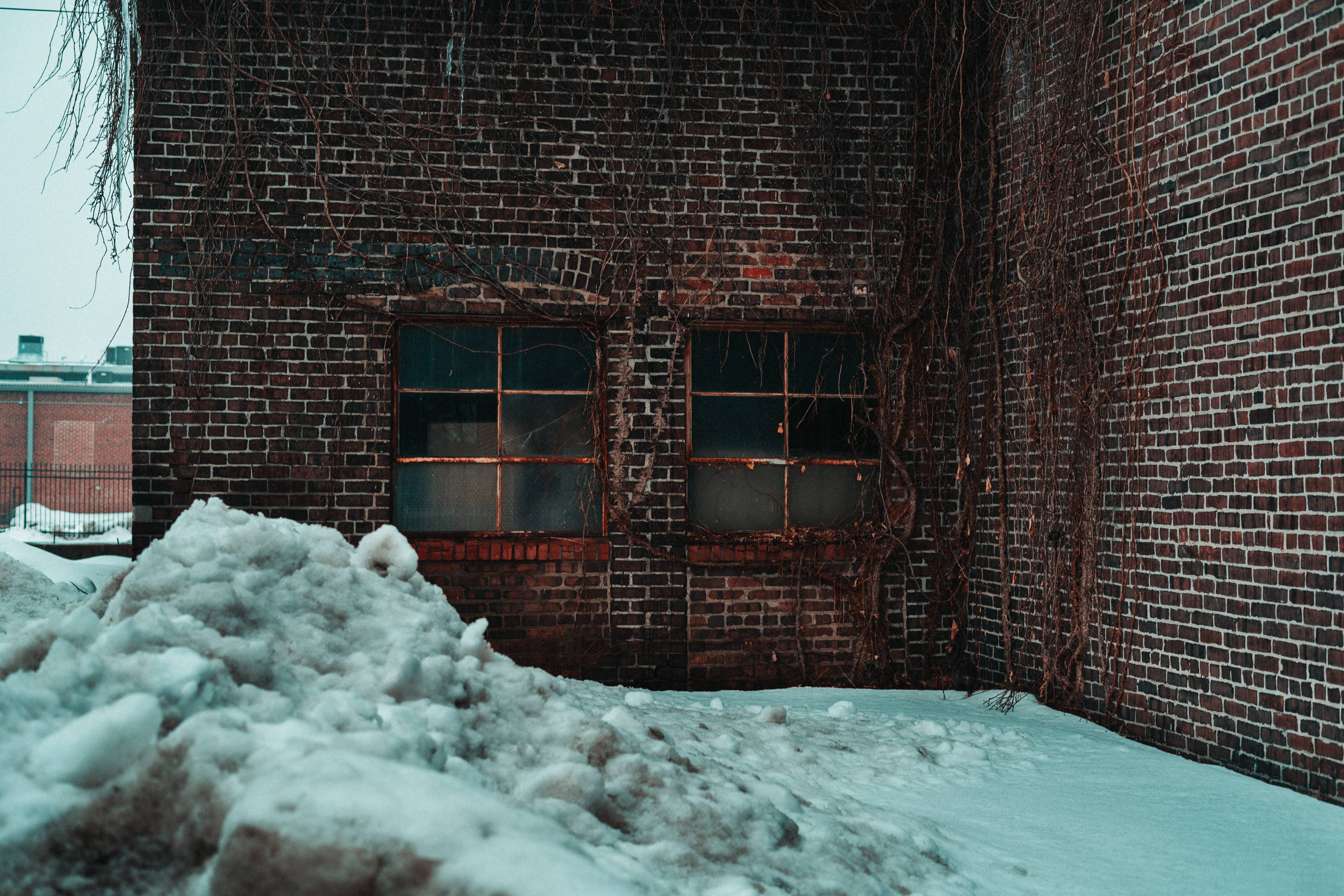 Windows Winter, red brick building, snow-covered, 5K Desktop Wallpaper