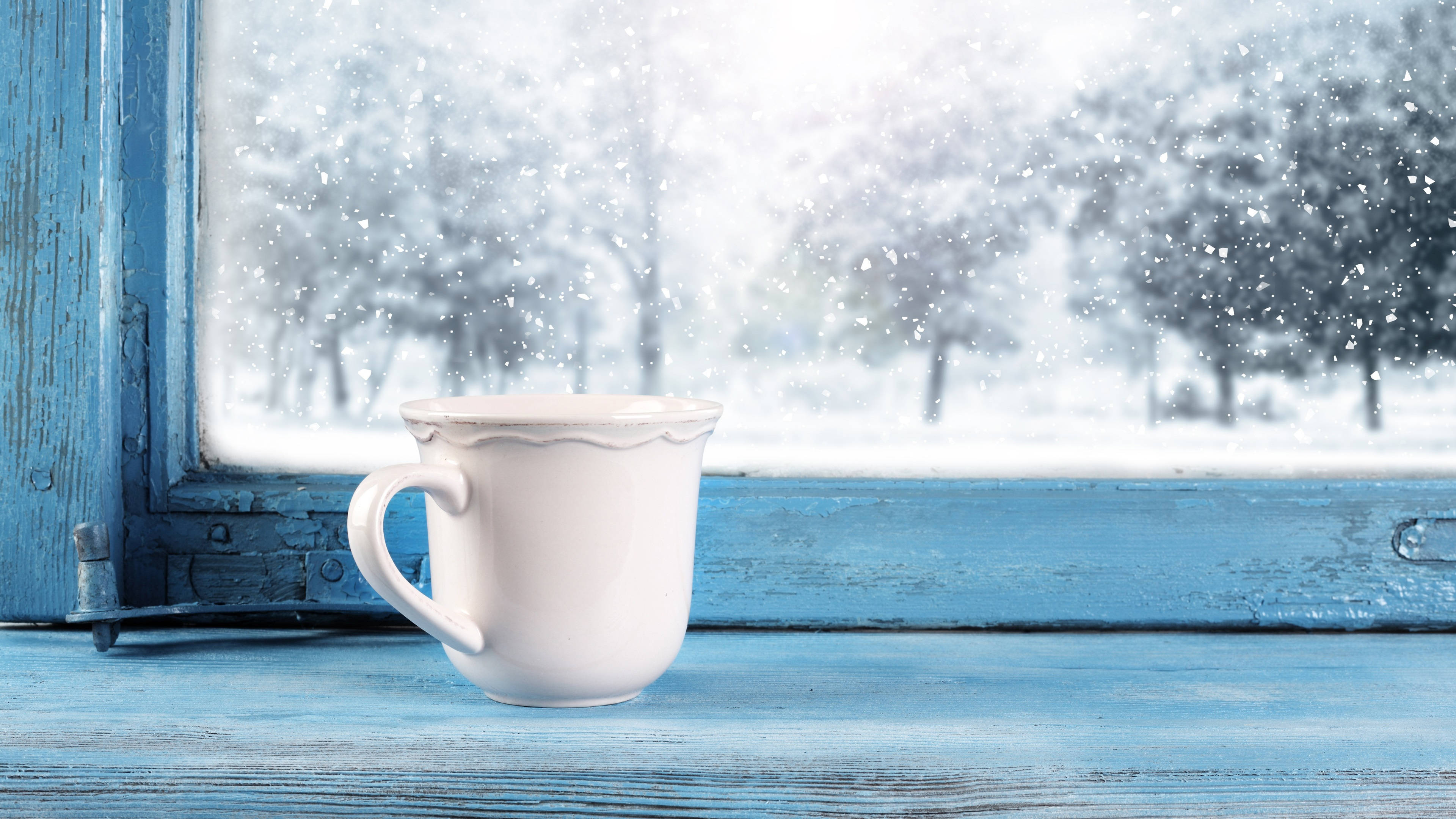 white ceramic mug, weathered blue windowsill, snow falls softly, 4K Desktop Wallpaper