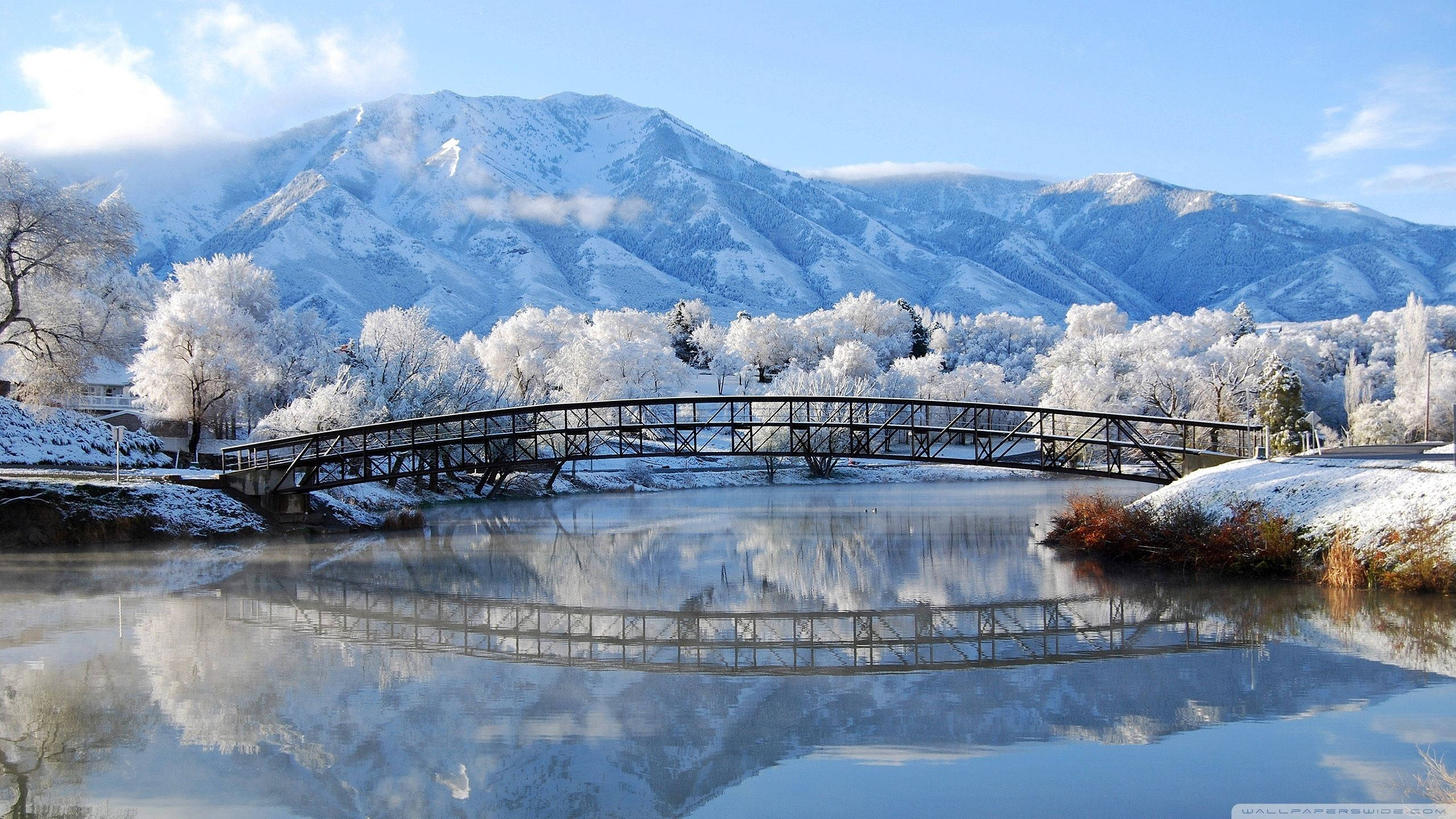 Windows Winter, bridge, lake, 2K Desktop Wallpaper