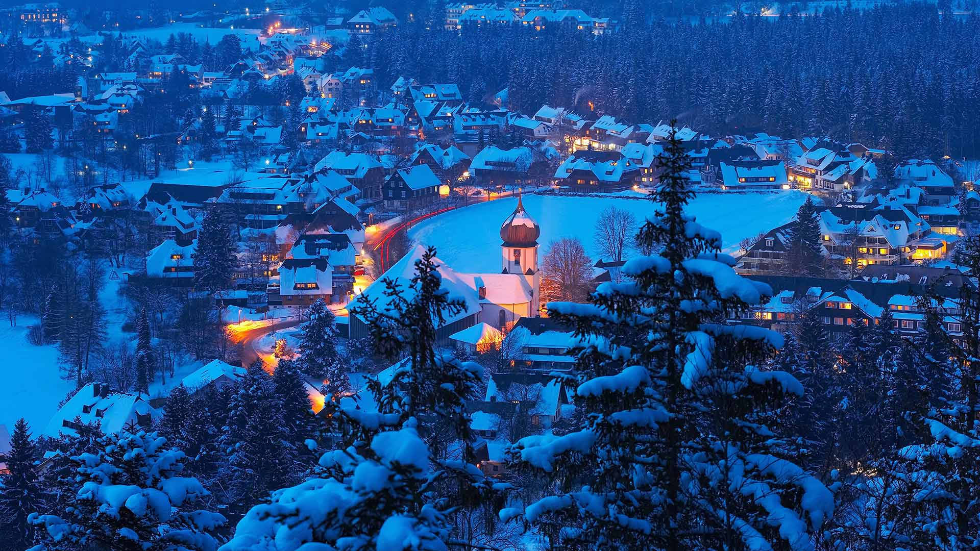Windows Winter, village, night, Full HD Desktop Wallpaper
