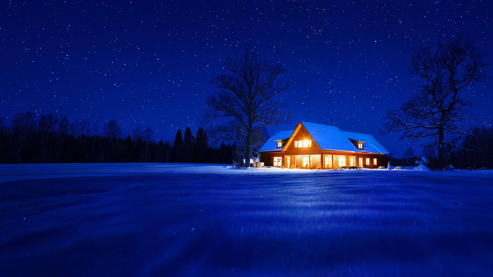 Windows Winter, lodge, starry night, Full HD Desktop Wallpaper