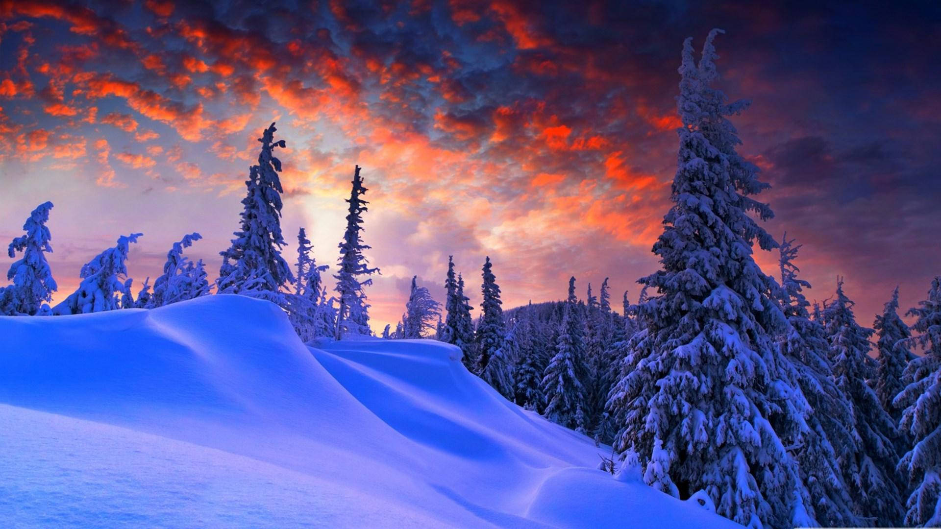Windows Winter, orange sky, fiery orange and purple sunset, Full HD Desktop Wallpaper
