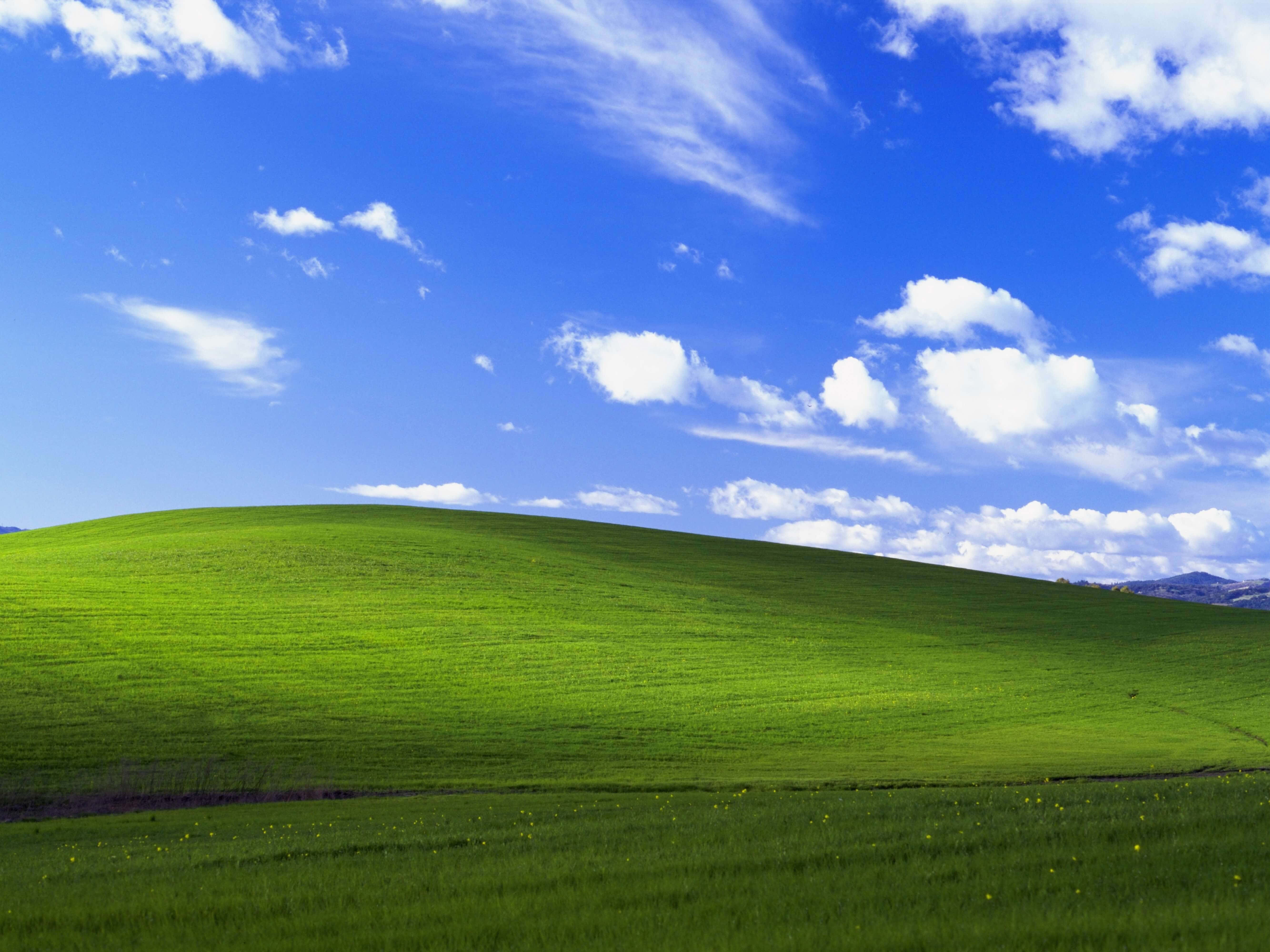 Windows XP Logo, green hill, bright blue sky, 5K Desktop Wallpaper