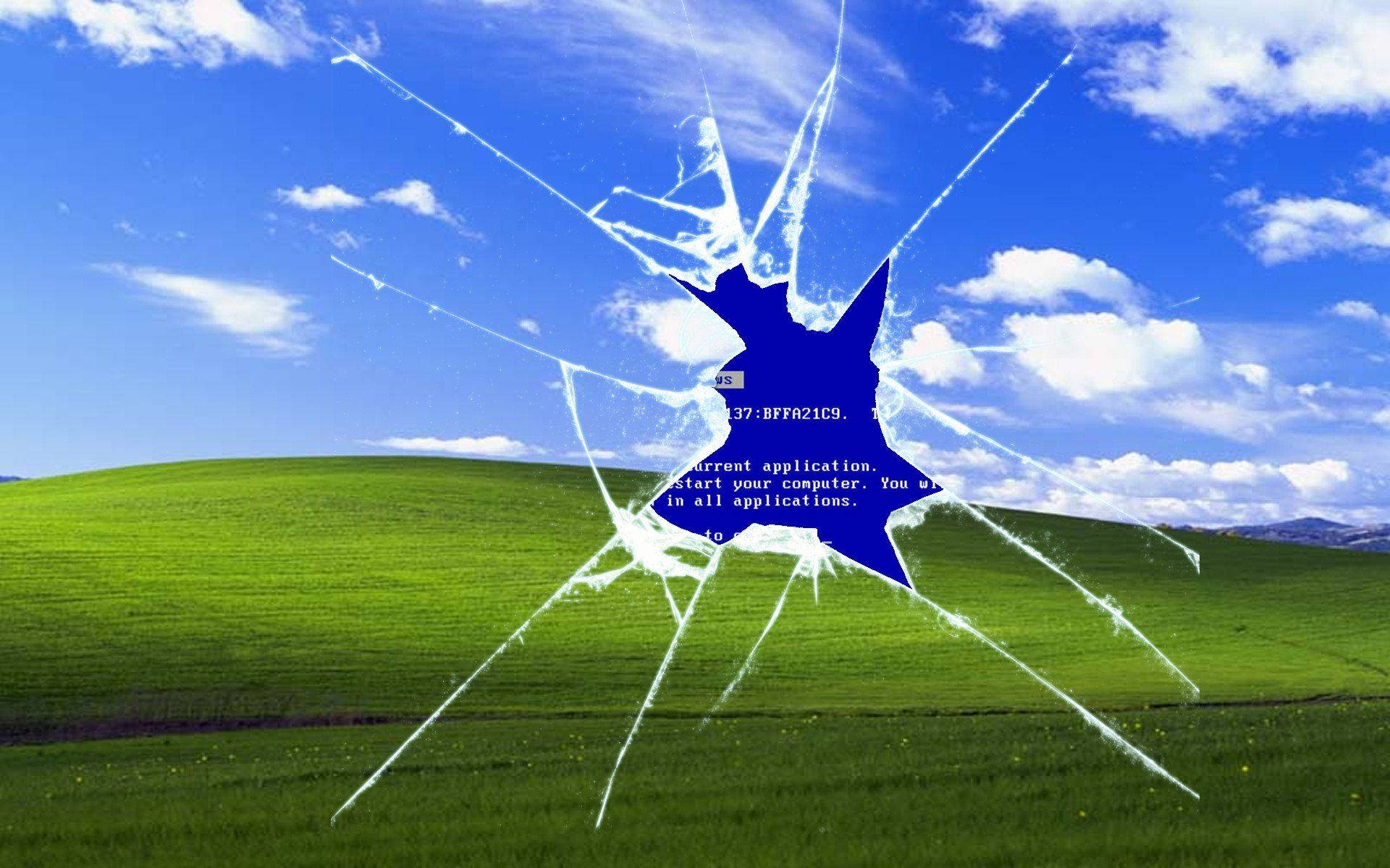 Windows XP, cracked screen overlay, blue error message, Full HD Desktop Wallpaper