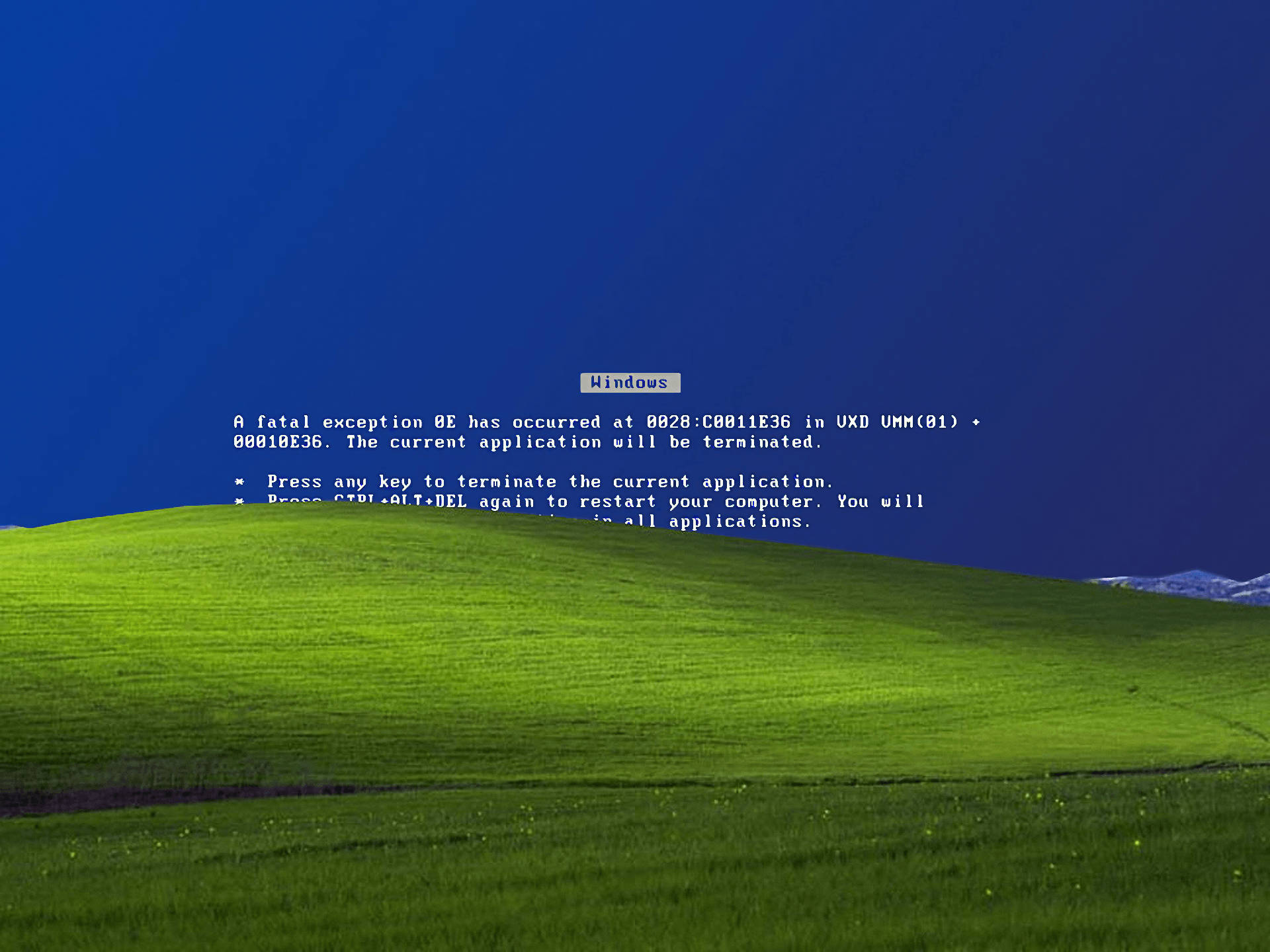 Windows XP, blue screen of death, green hill, Full HD Desktop Wallpaper
