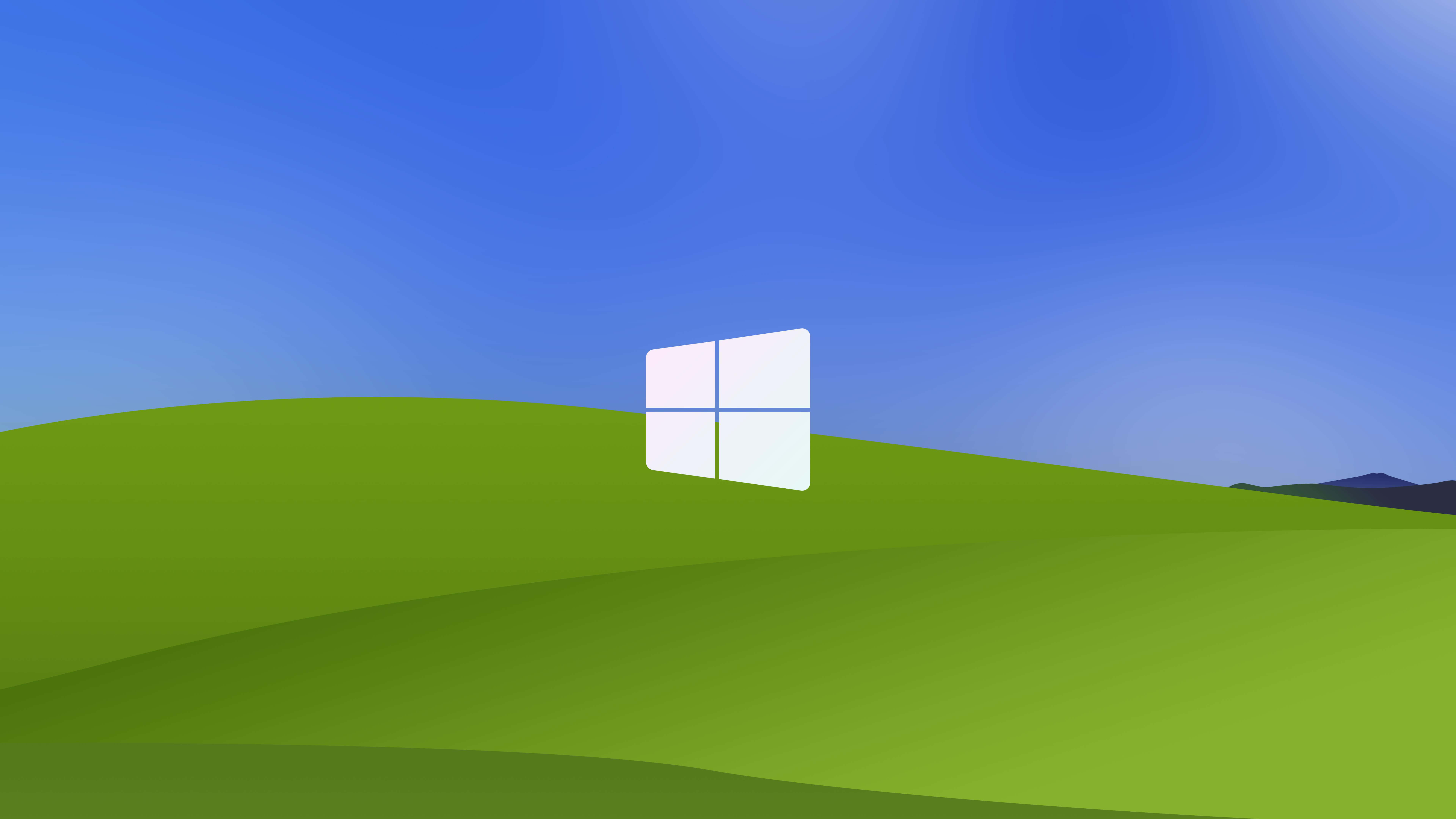 Windows X P, white Windows logo, rolling green hill, 8K Desktop Wallpaper