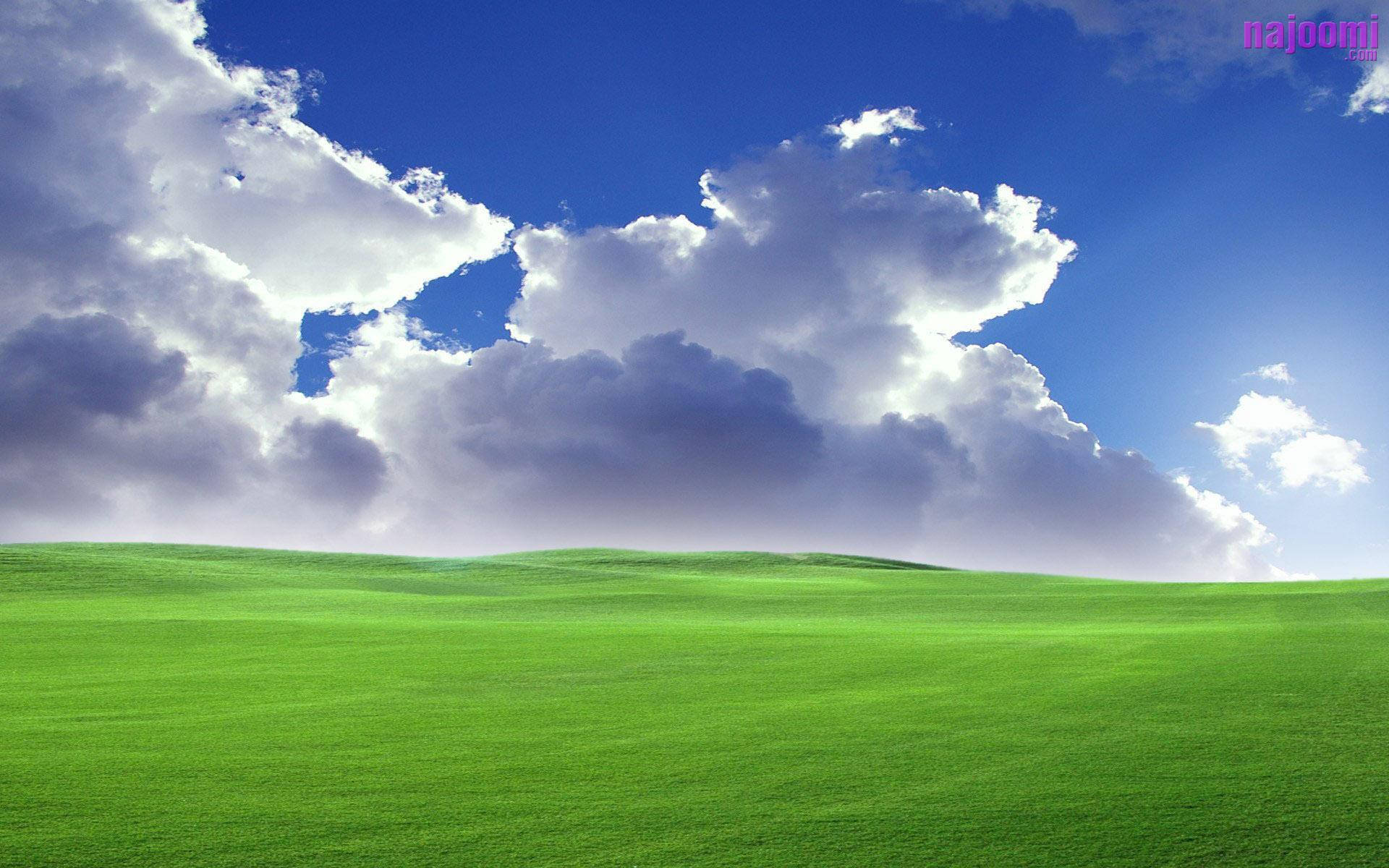 Windows XP, green hills, dramatic sky, Full HD Desktop Wallpaper