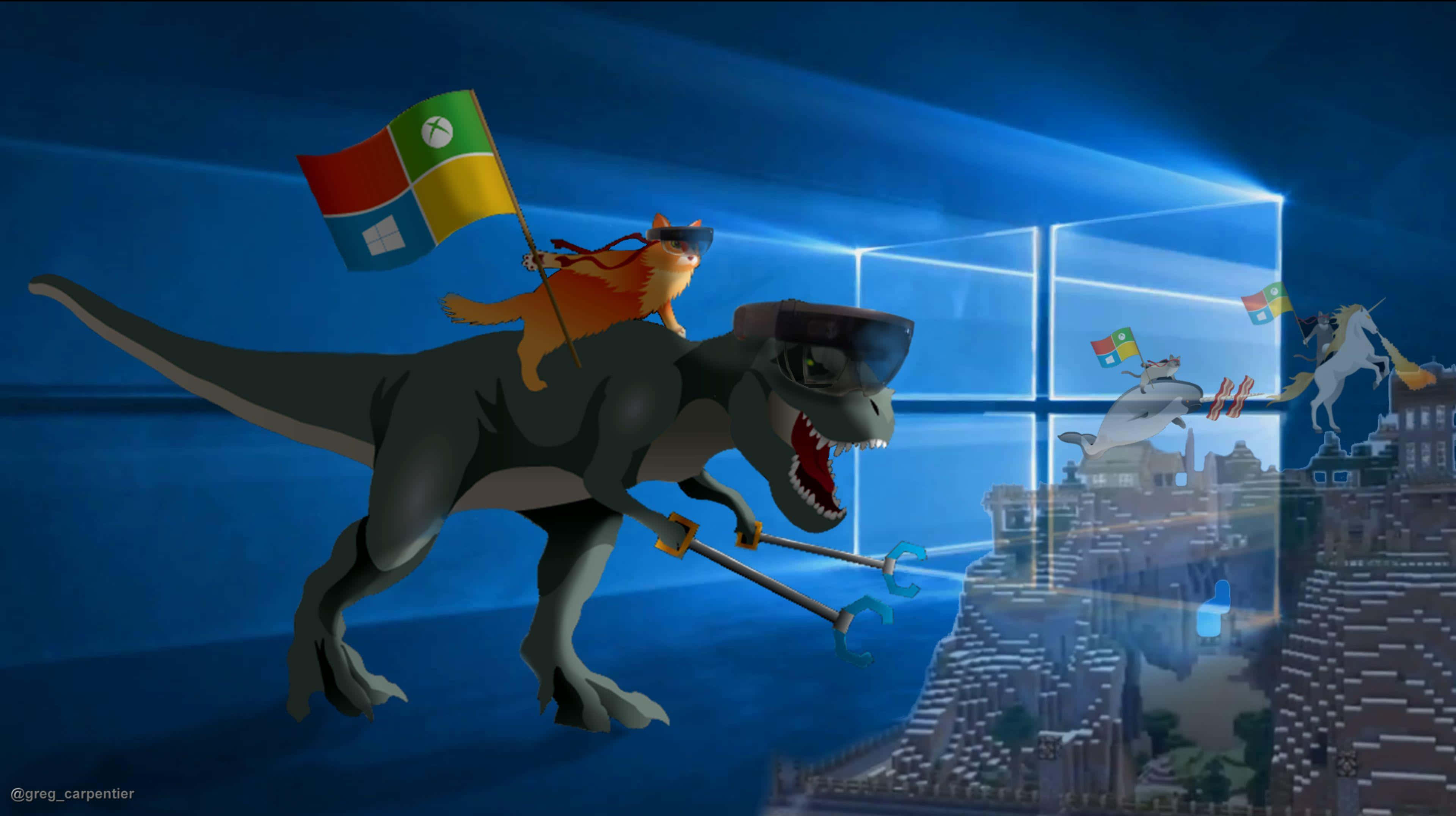 Windows flag, glowing window fortress, cartoon dinosaur, 4K Desktop Wallpaper