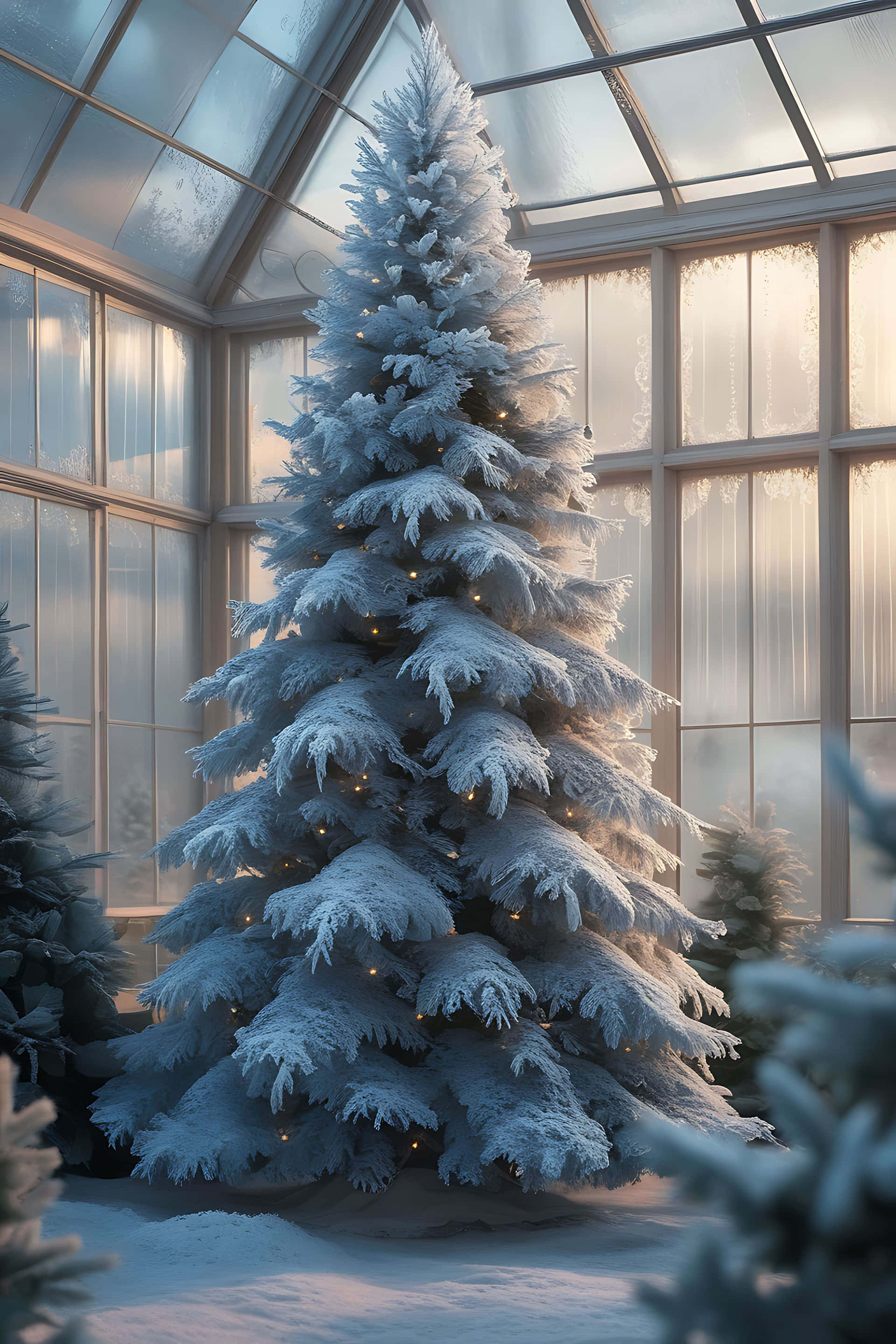 snow-covered evergreen tree, glass greenhouse, soft golden light, 2K Phone Wallpaper