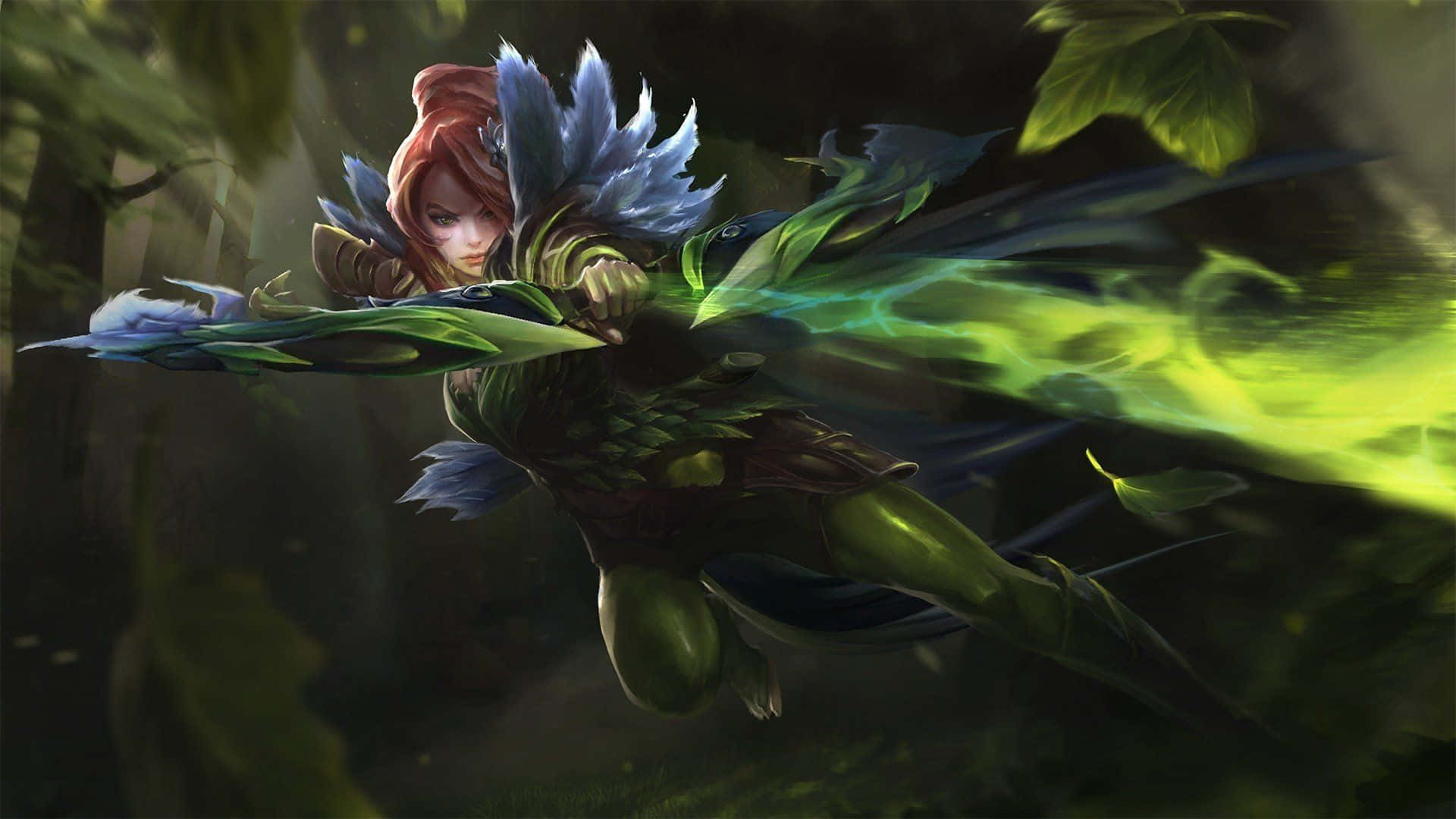 Windranger, red hair, leafy armor, Full HD Desktop Wallpaper