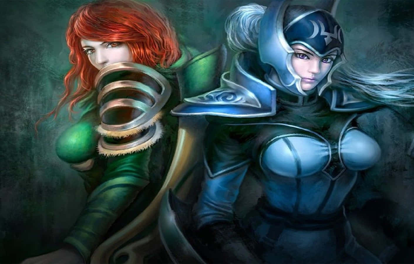 Windranger, firey red hair, green armor, HD Desktop Wallpaper