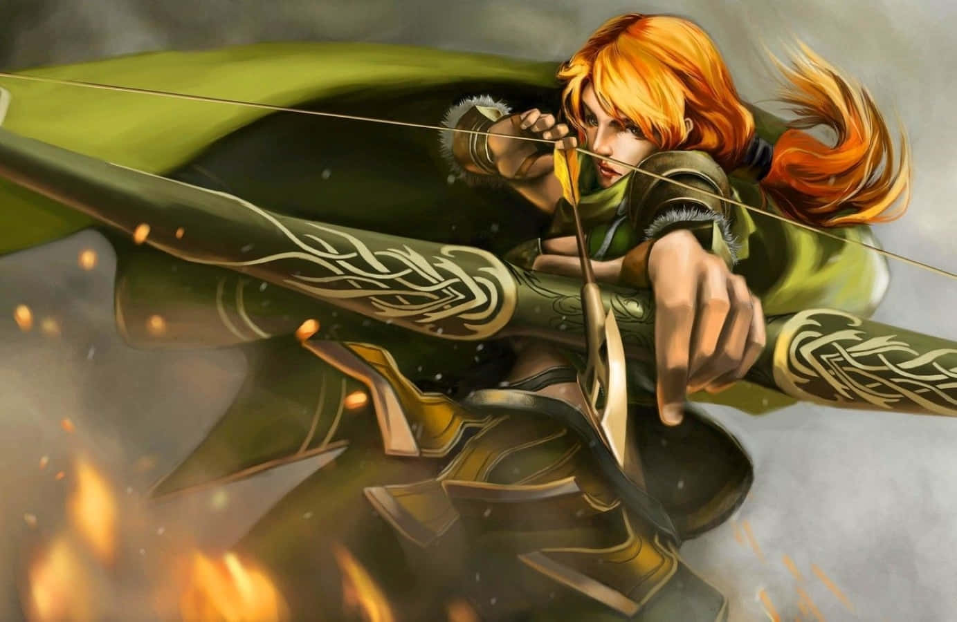 Windranger, fiery orange hair, glowing bow, HD Desktop Wallpaper
