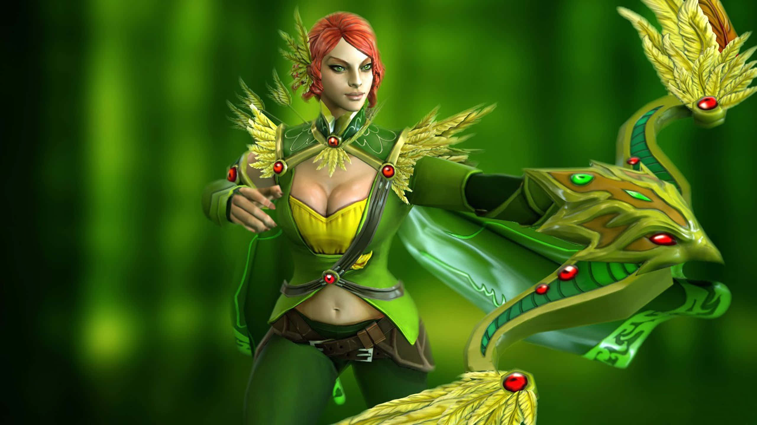 Windranger, red-haired female warrior, green and gold armor, 2K Desktop Wallpaper