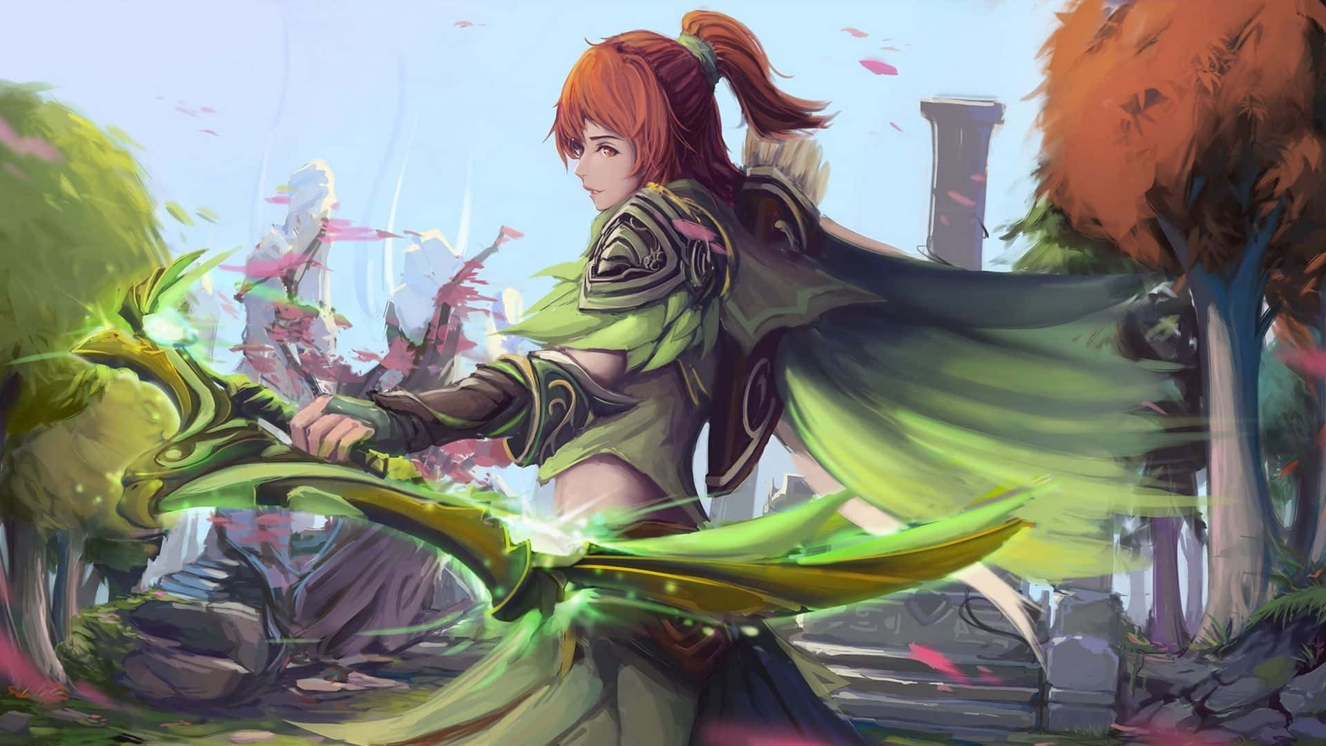 Windranger, red-haired warrior, green armor, Full HD Desktop Wallpaper