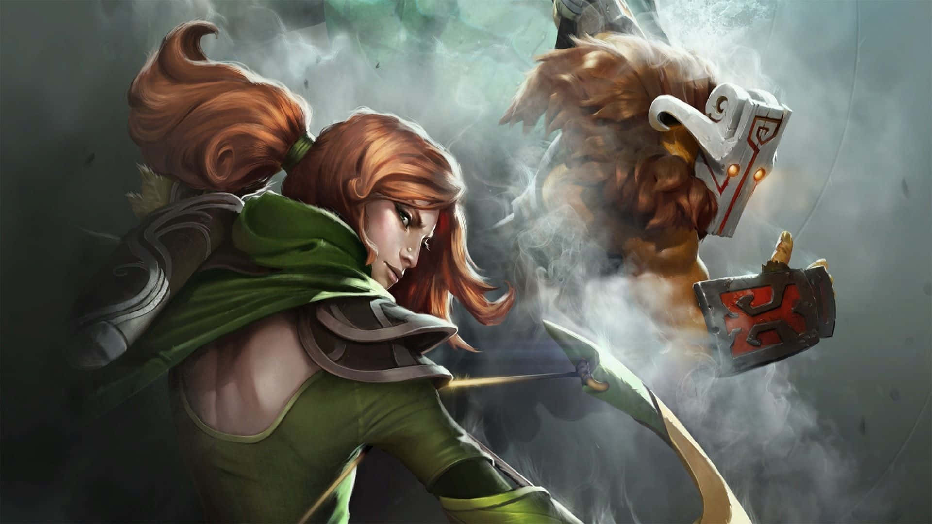 Windranger, red-haired warrior, green armor, Full HD Desktop Wallpaper