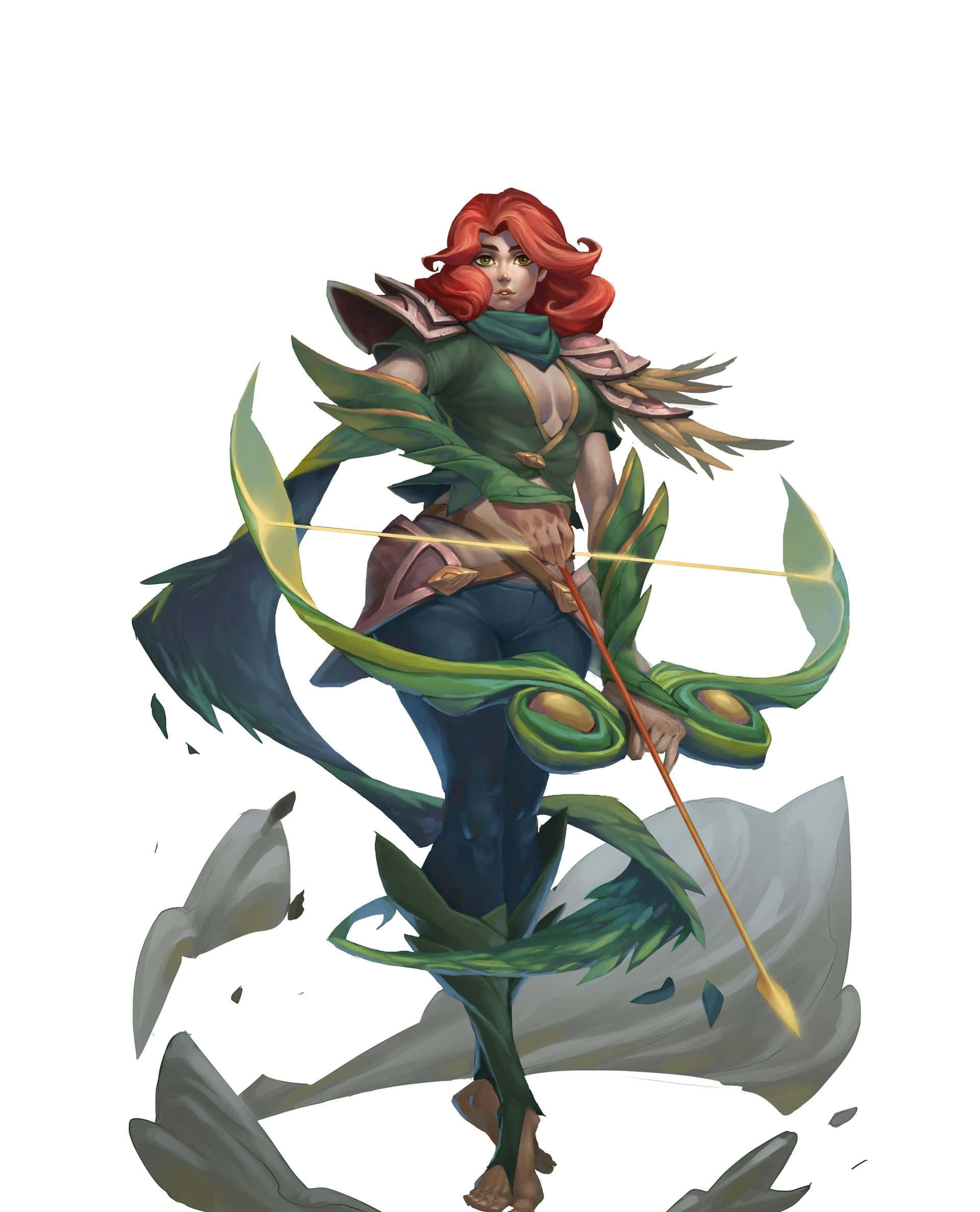 Windranger, red-haired archer, green leaf-themed armor, Full HD Phone Wallpaper