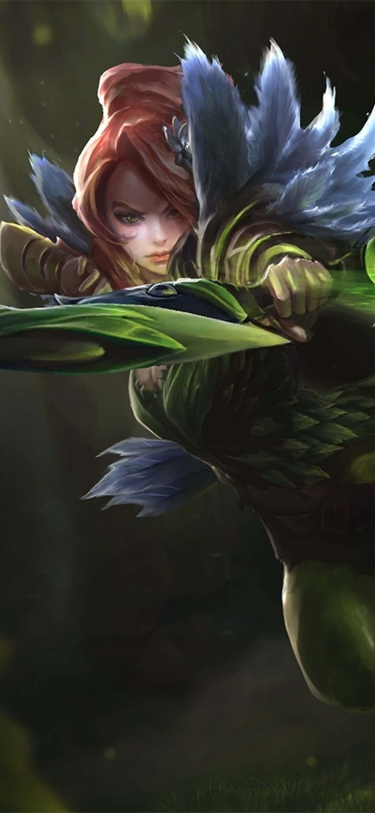 Windranger, red hair, blue feathered armor, 2K Phone Wallpaper