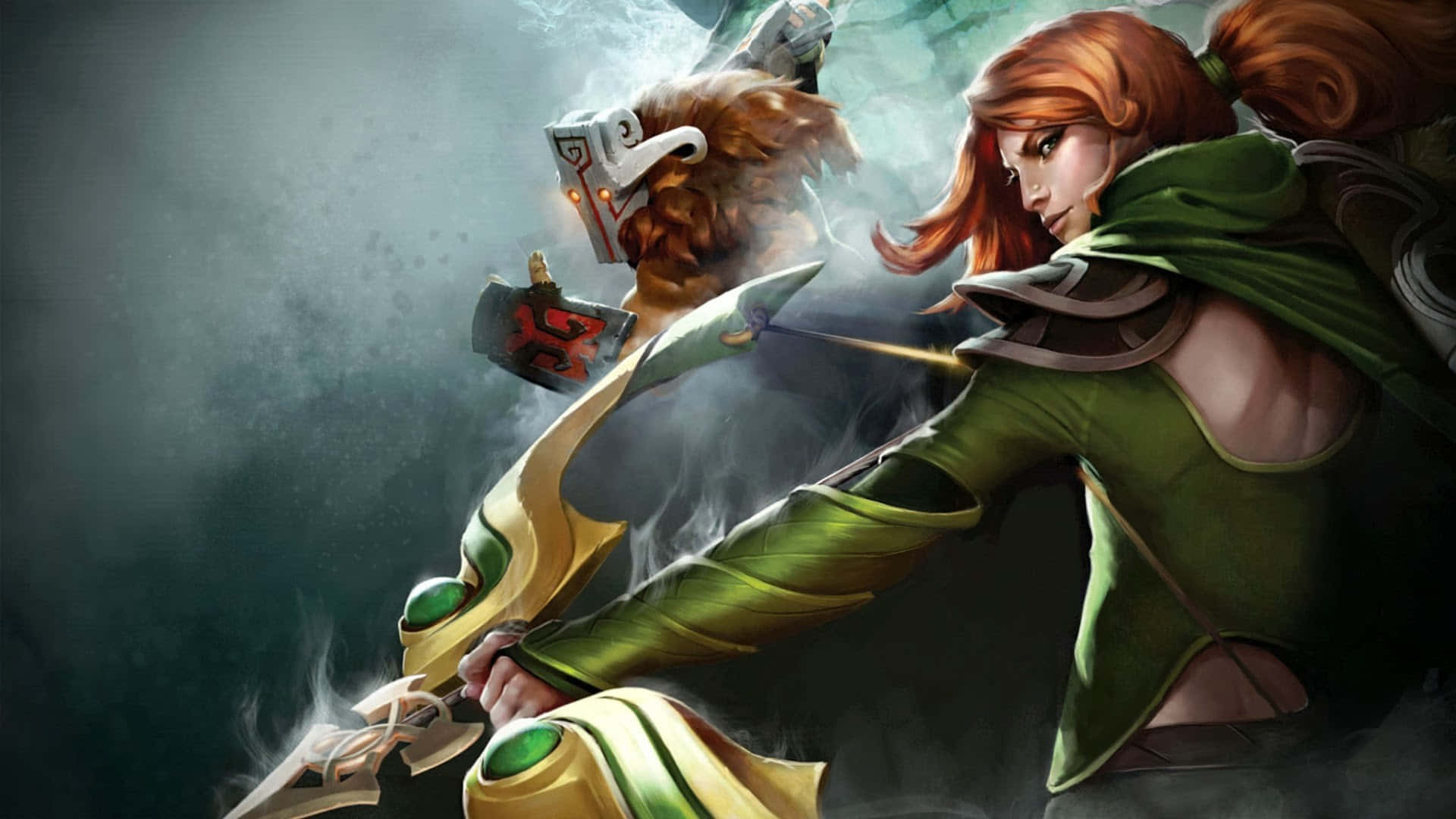 Windranger, red-haired warrior, green armor, Full HD Desktop Wallpaper