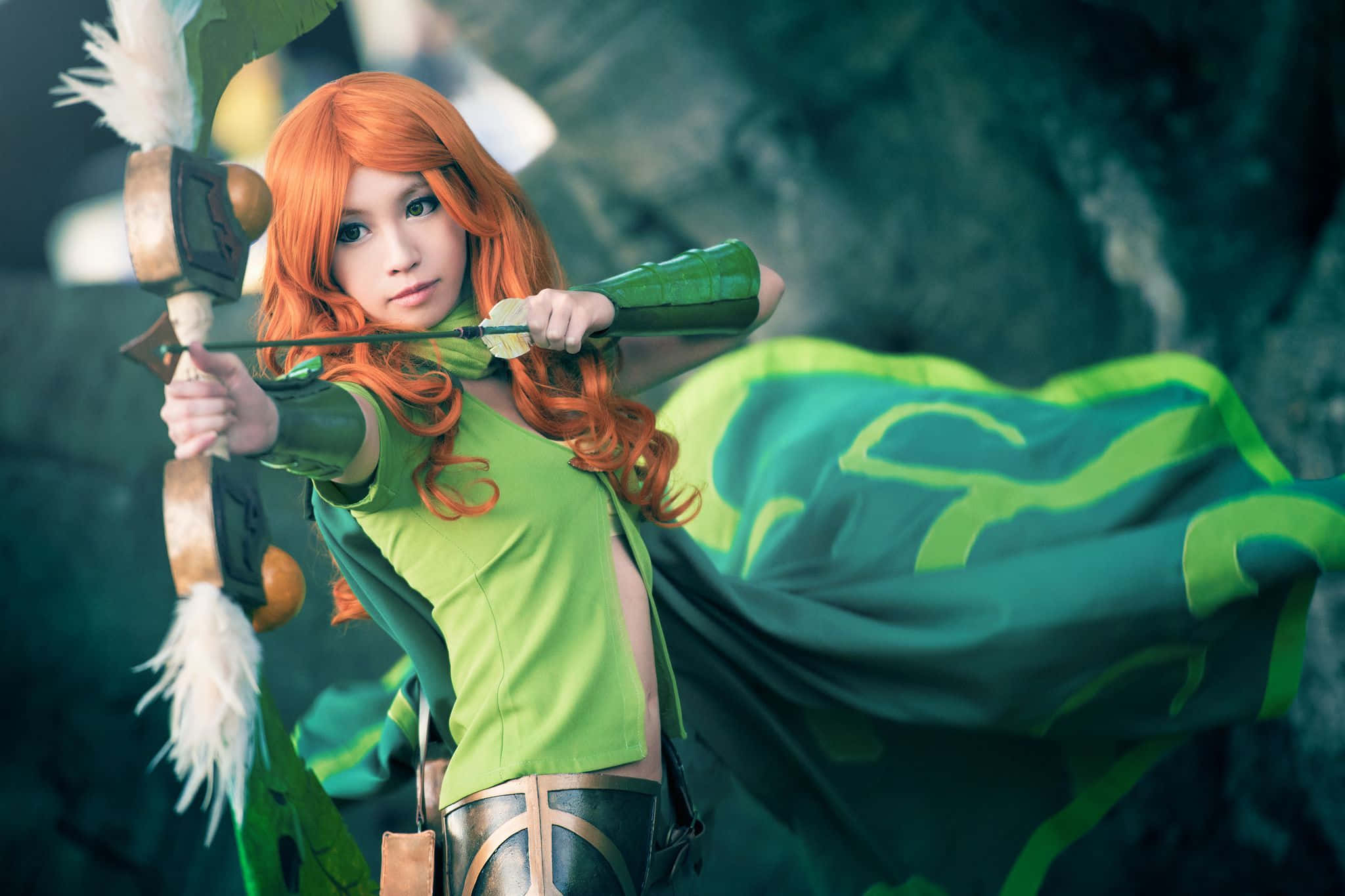 Windranger, fiery orange hair, green attire, Full HD Desktop Wallpaper