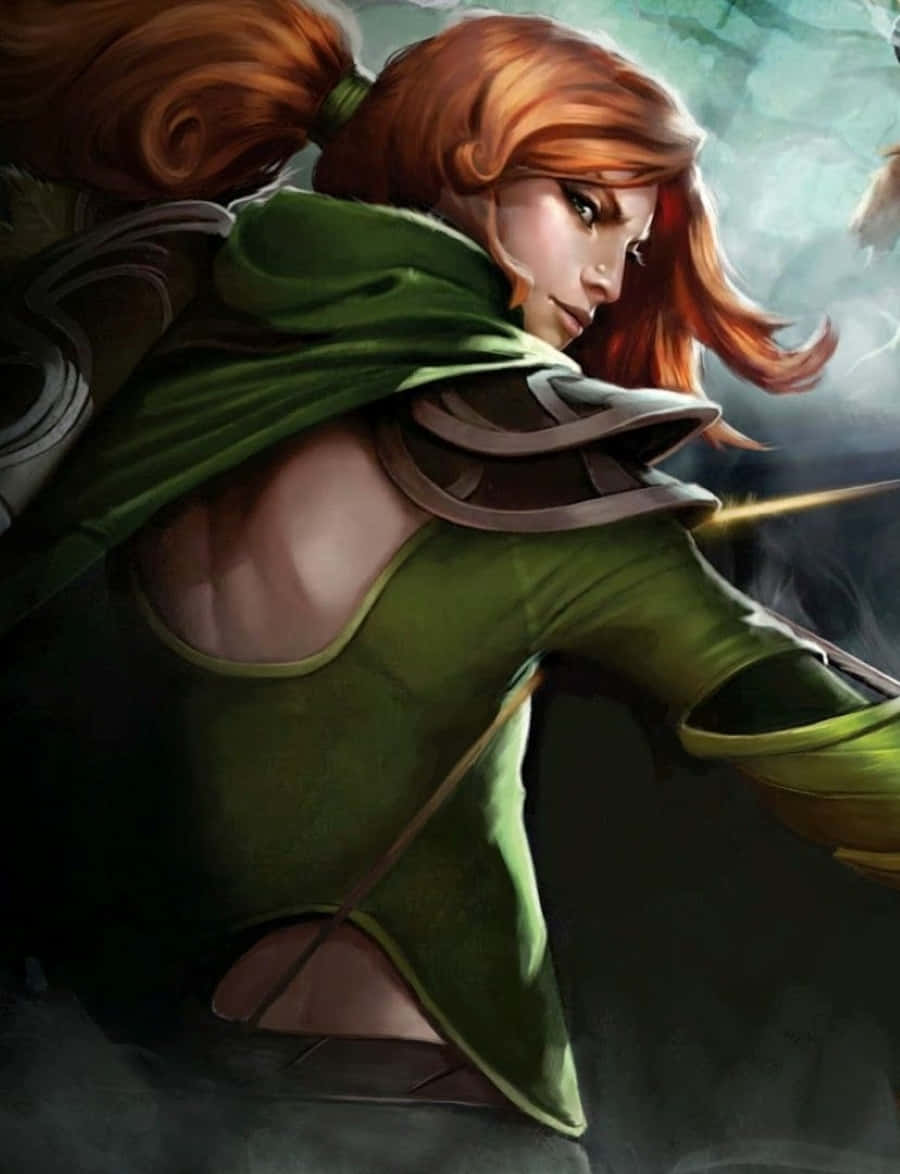 Windranger, red-haired warrior, green armor, SD Phone Wallpaper