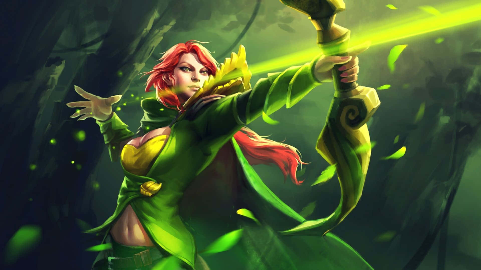 Windranger, red-haired female archer, green robes, Full HD Desktop Wallpaper