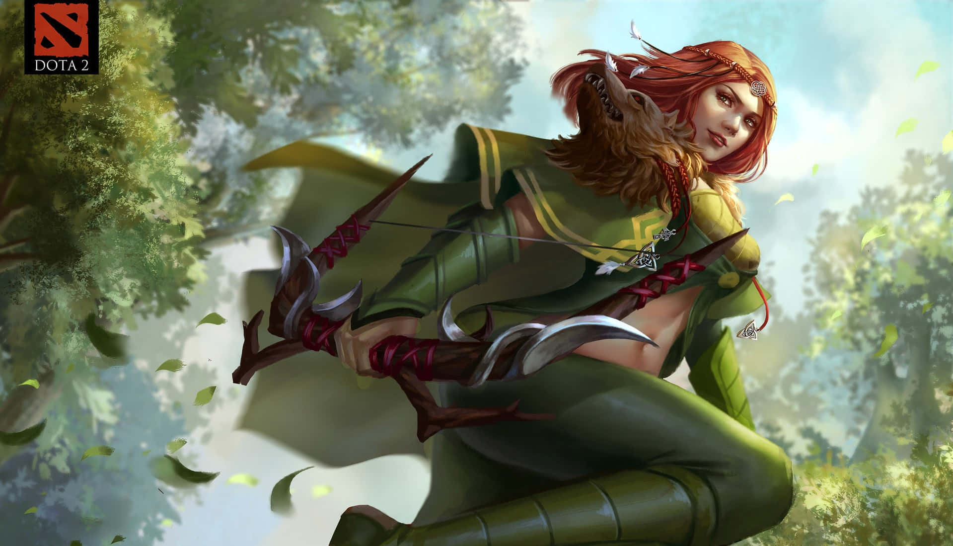 Windranger, red-haired elf archer, green armor, HD Desktop Wallpaper