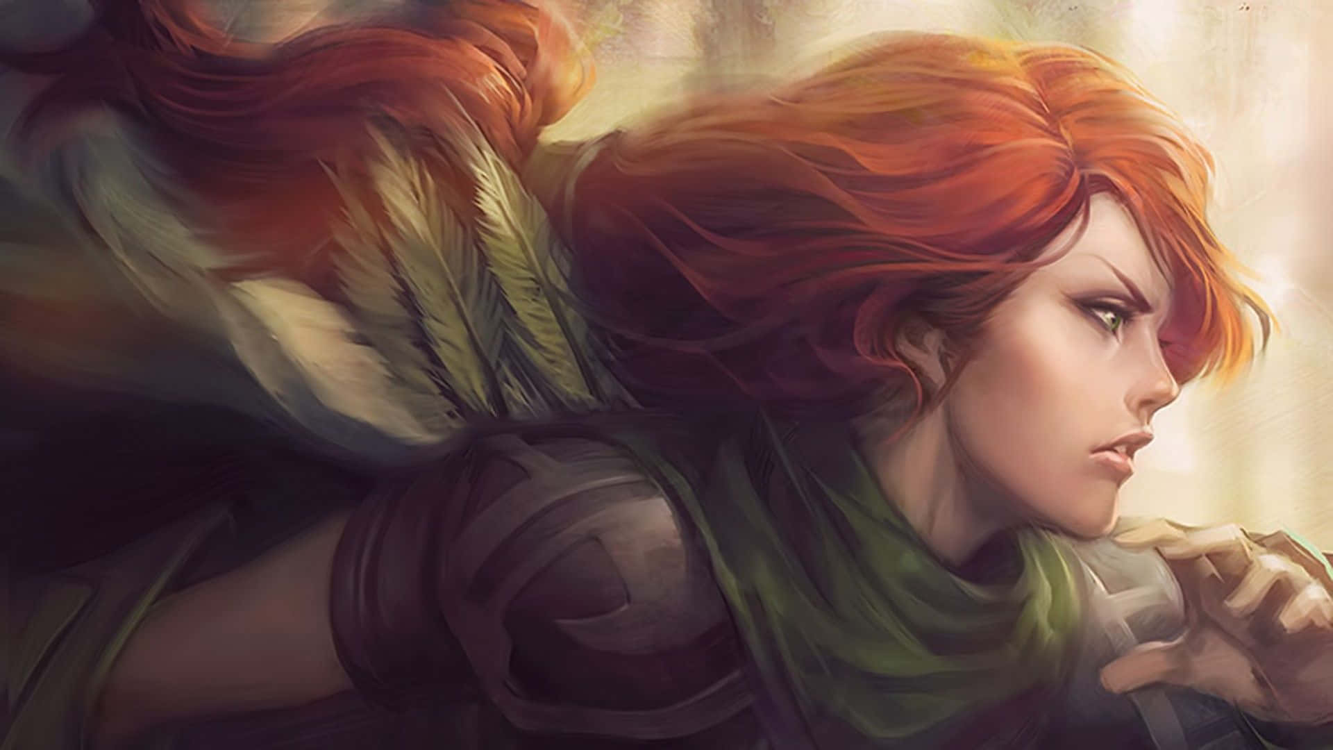 Windranger, fierce red-haired warrior, flowing hair, Full HD Desktop Wallpaper