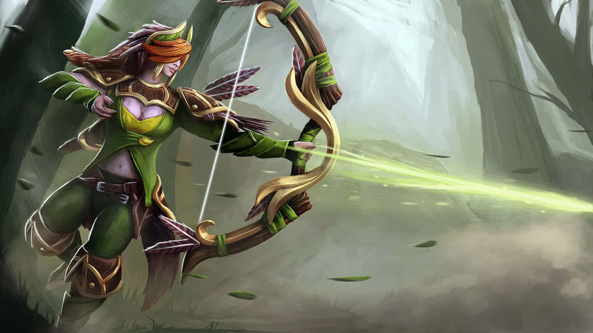 Windranger, green and gold armor, glowing bow, Full HD Desktop Wallpaper