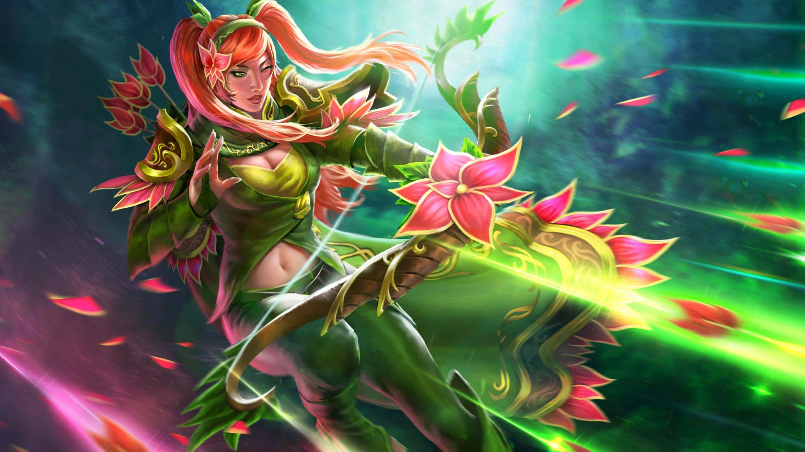Windranger, pink hair, floral armor, 2K Desktop Wallpaper