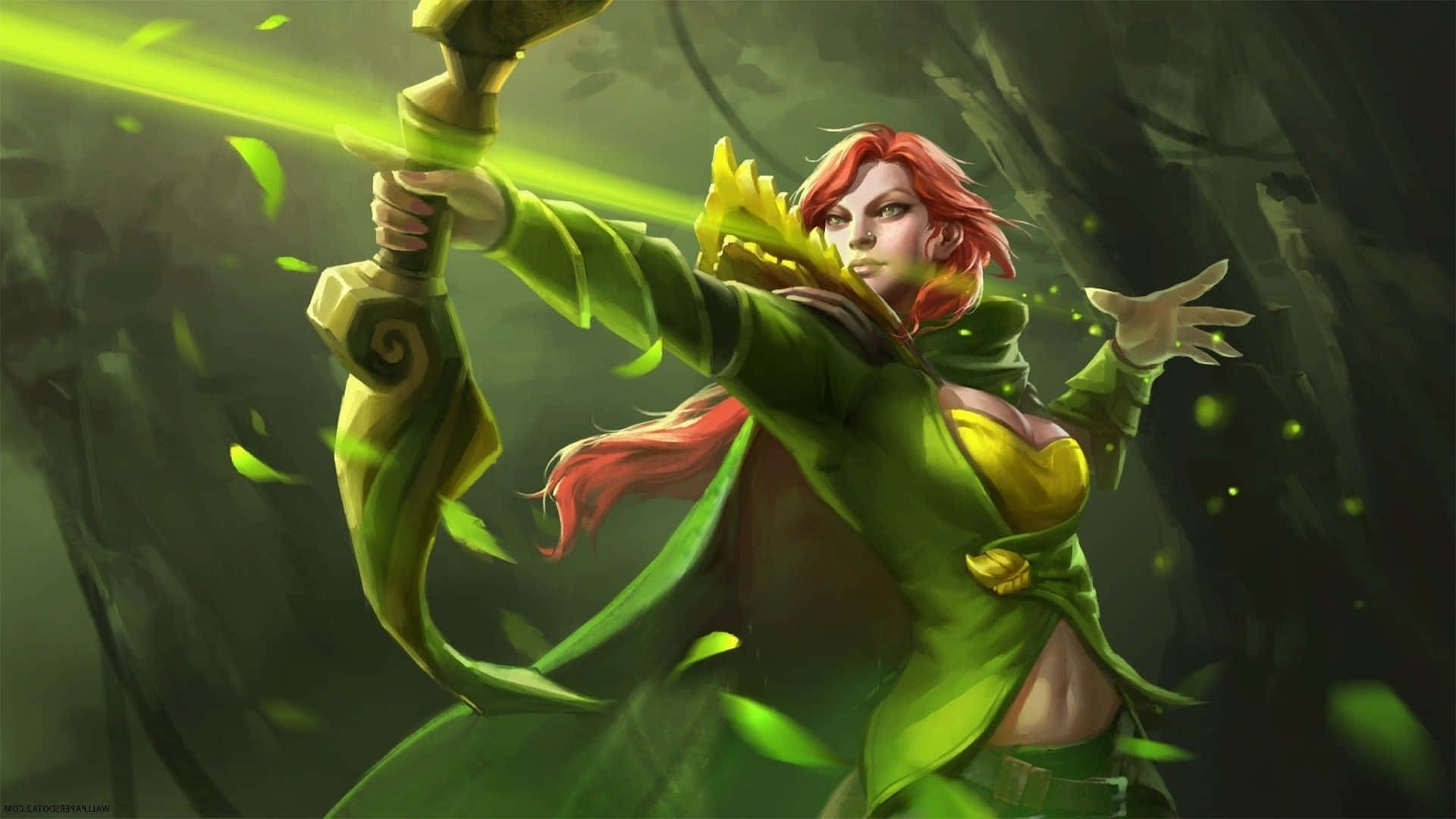 Windranger, red-haired archer, green armor, Full HD Desktop Wallpaper