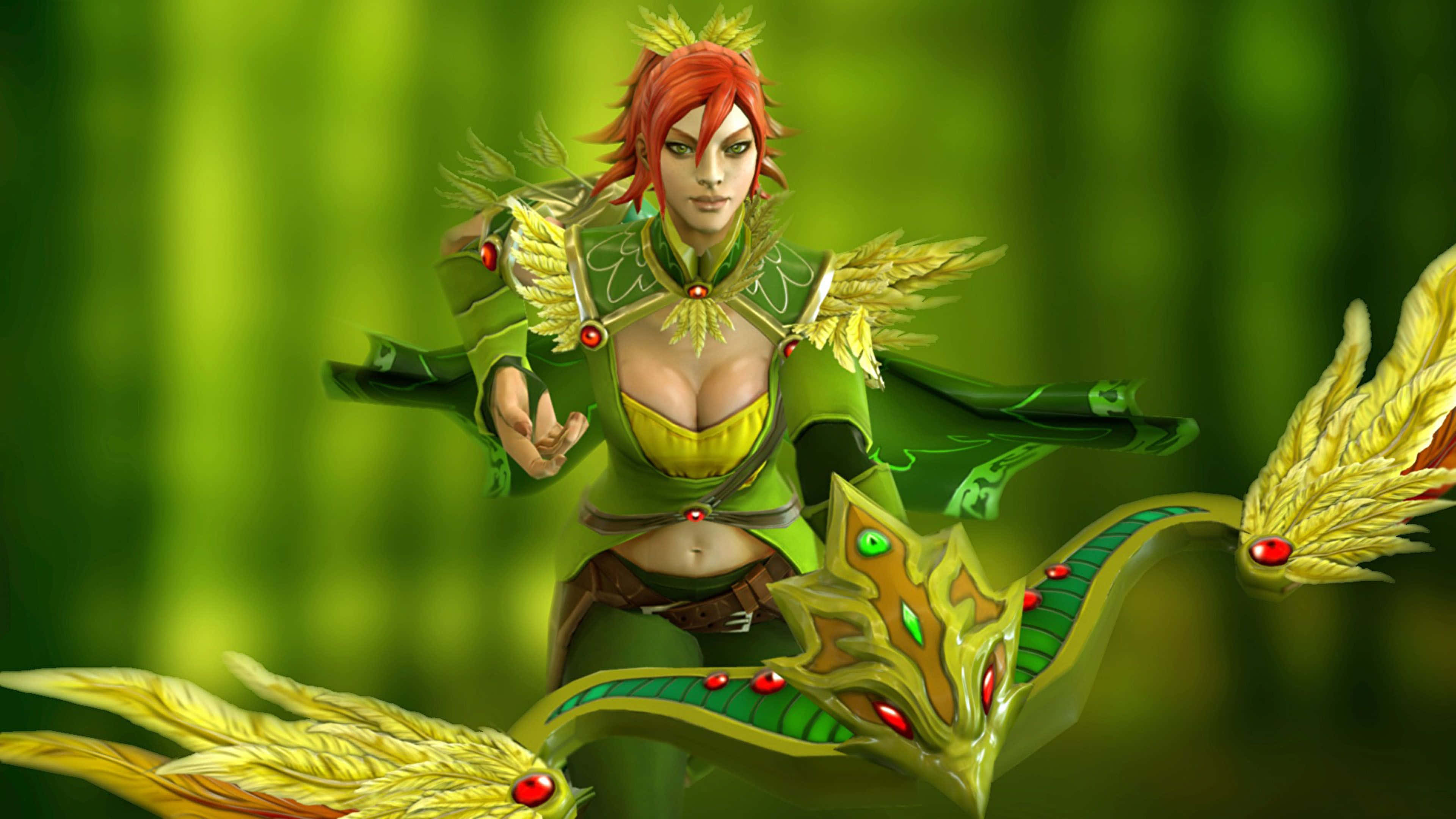 Windranger, red-haired warrior, green and gold armor, 4K Desktop Wallpaper
