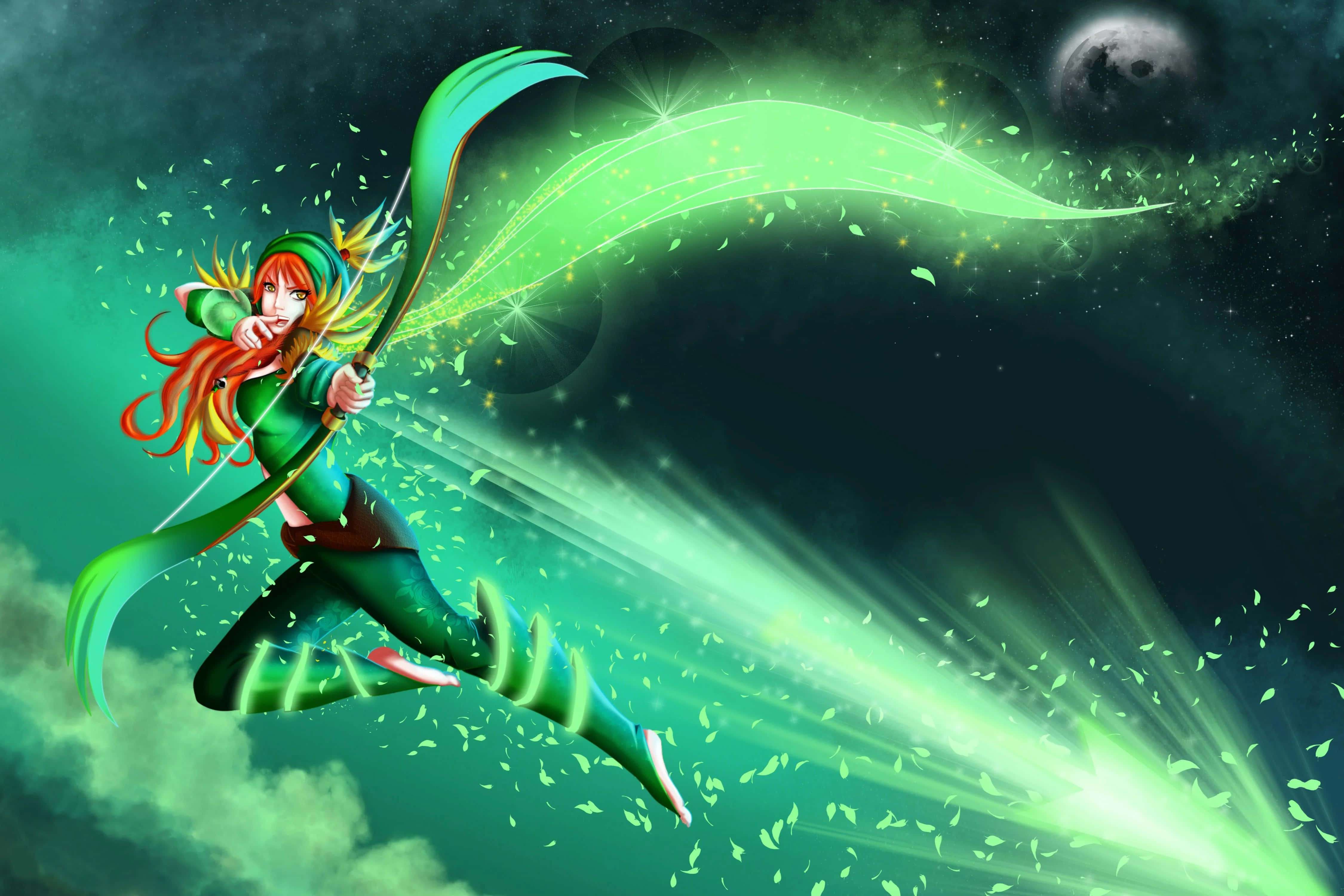Windranger, red hair, glowing green energy arrow, 4K Desktop Wallpaper
