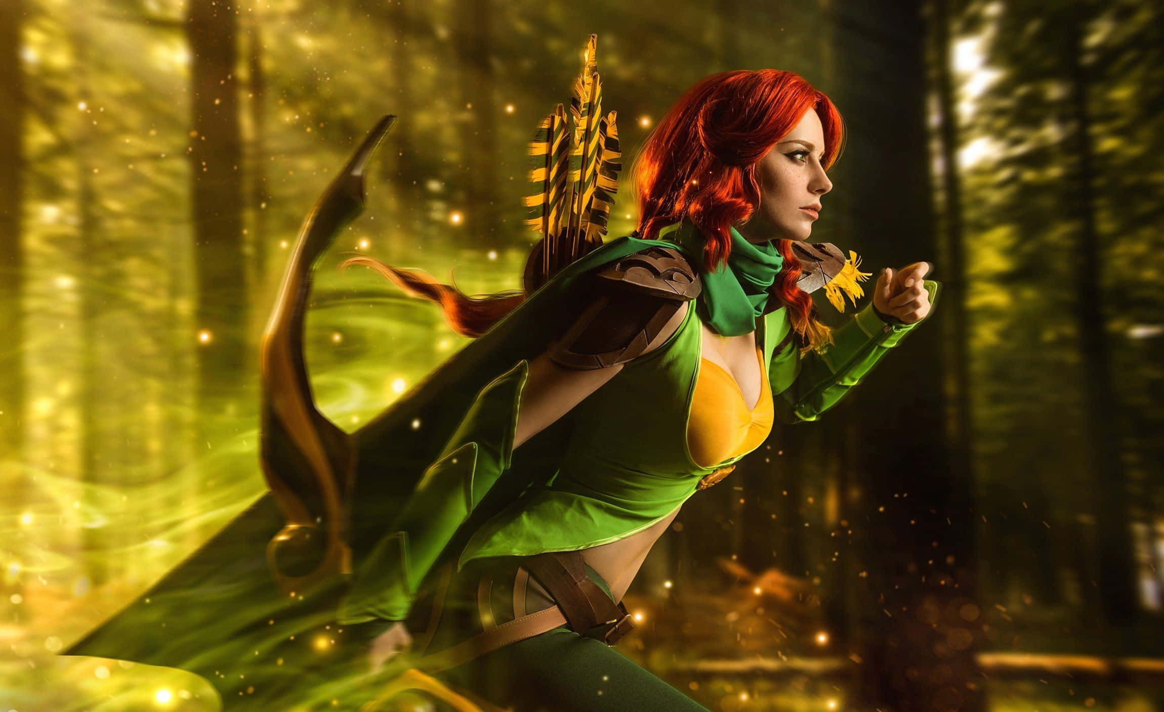 Windranger, red-haired archer, green and yellow armor, Full HD Desktop Wallpaper