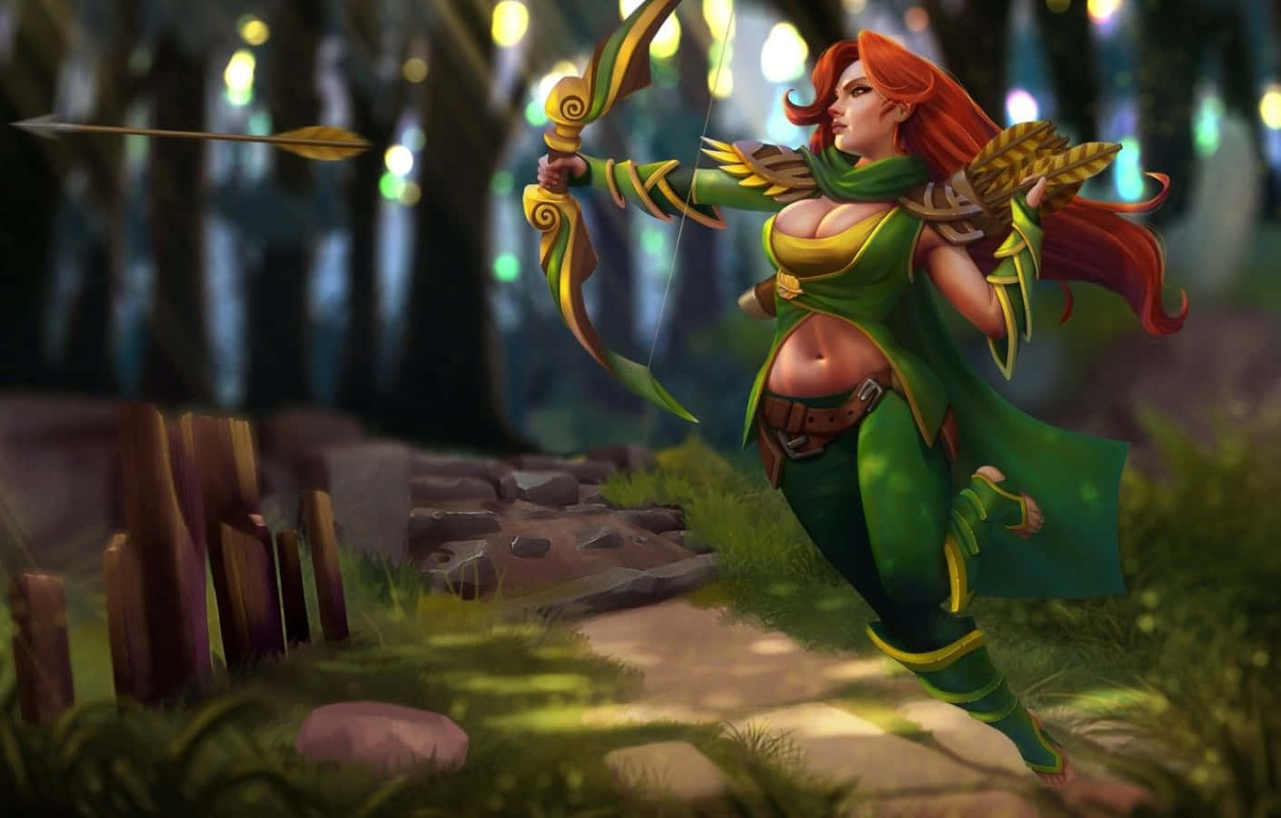 Windranger, red-haired archer, green armor, HD Desktop Wallpaper