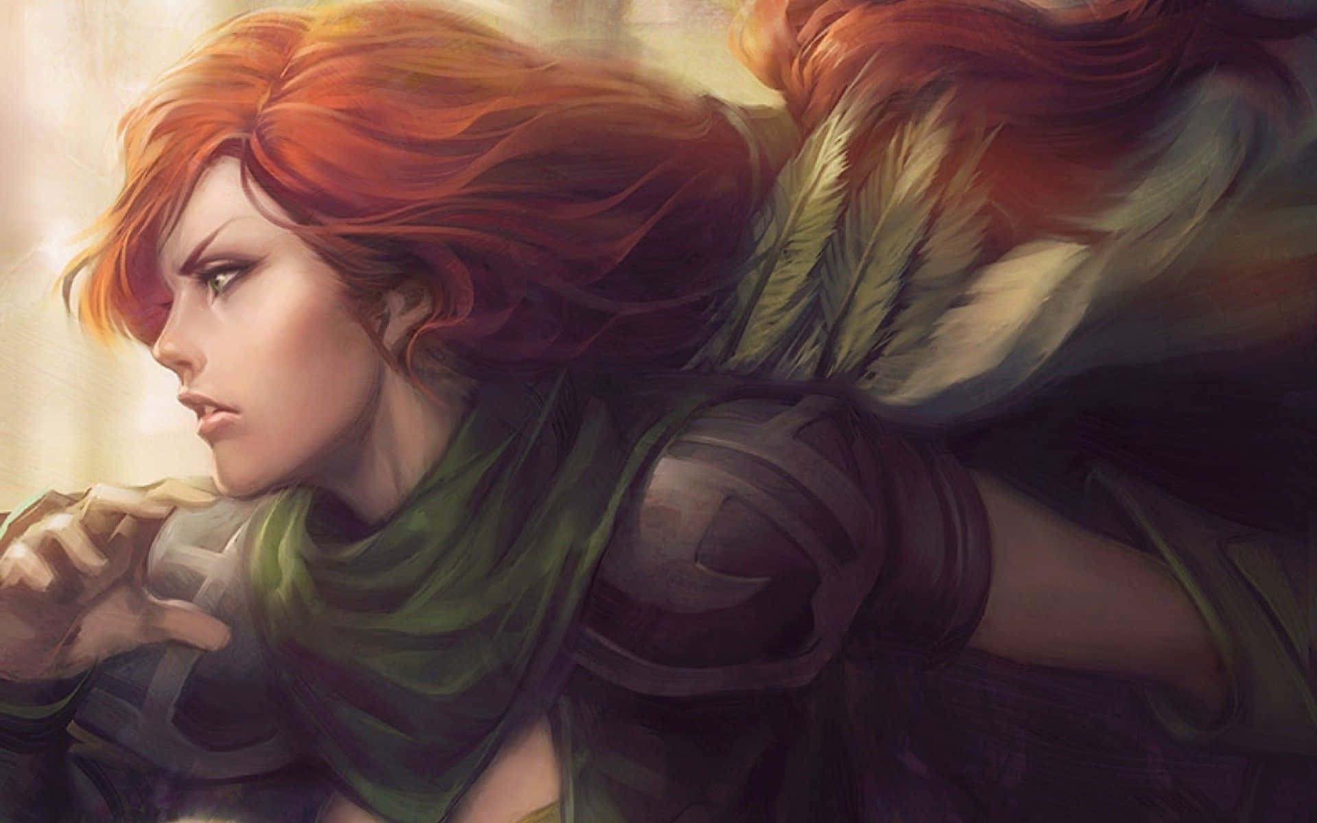 Windranger, red-haired warrior, green scarf, Full HD Desktop Wallpaper
