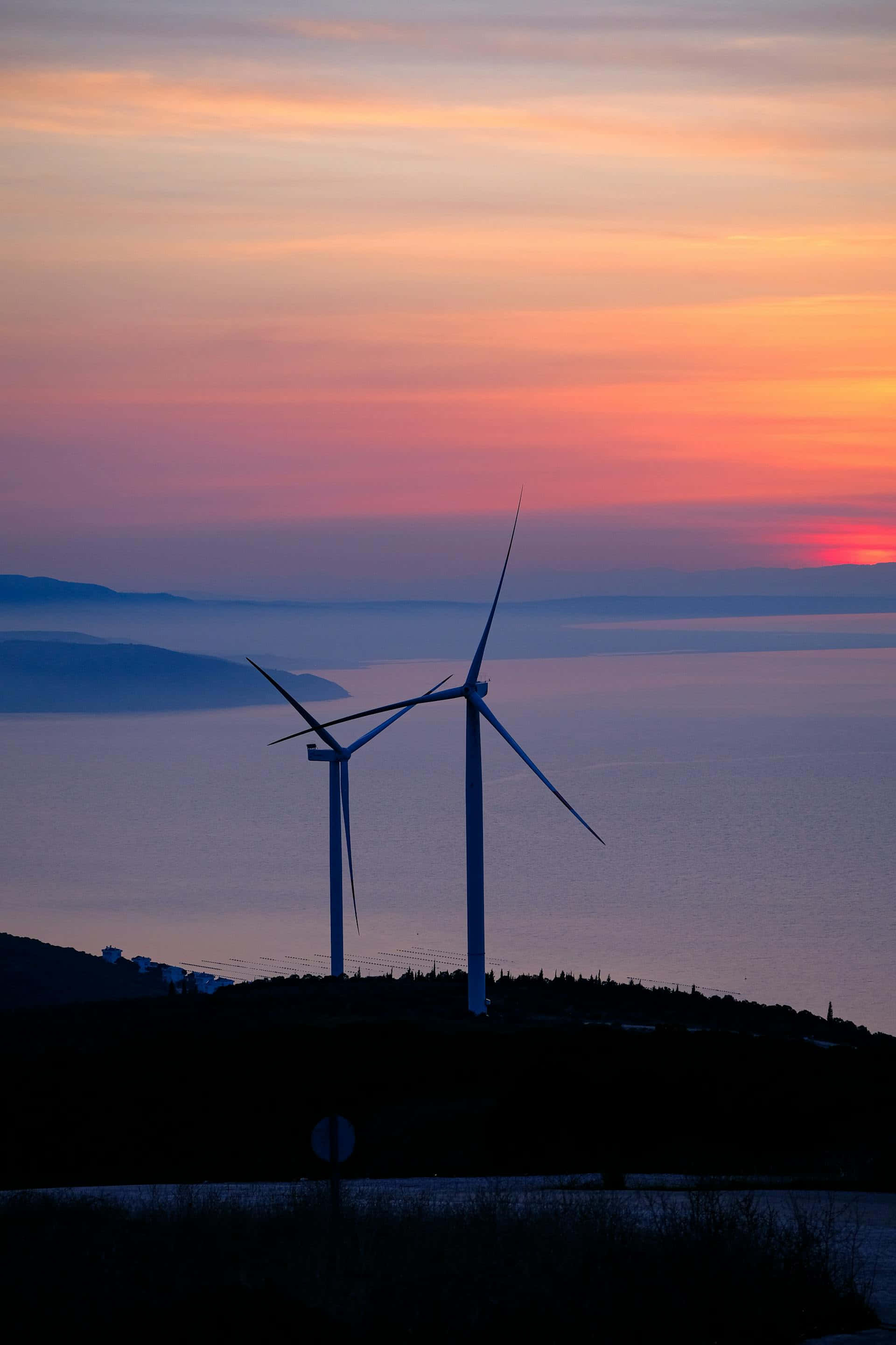 wind turbines, sunset, orange pink sunset, 2K Phone Wallpaper